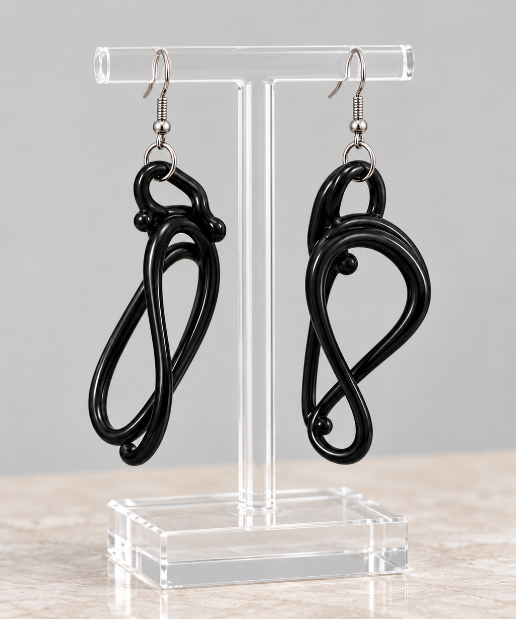 Handcrafted Italian Murano Glass Sculptural Earrings - Black Noir