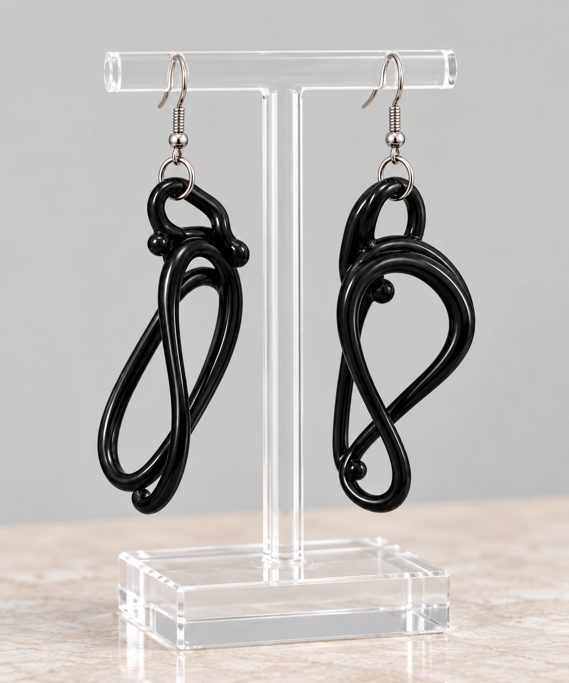 Handcrafted Italian Murano Glass Sculptural Earrings - Black Noir