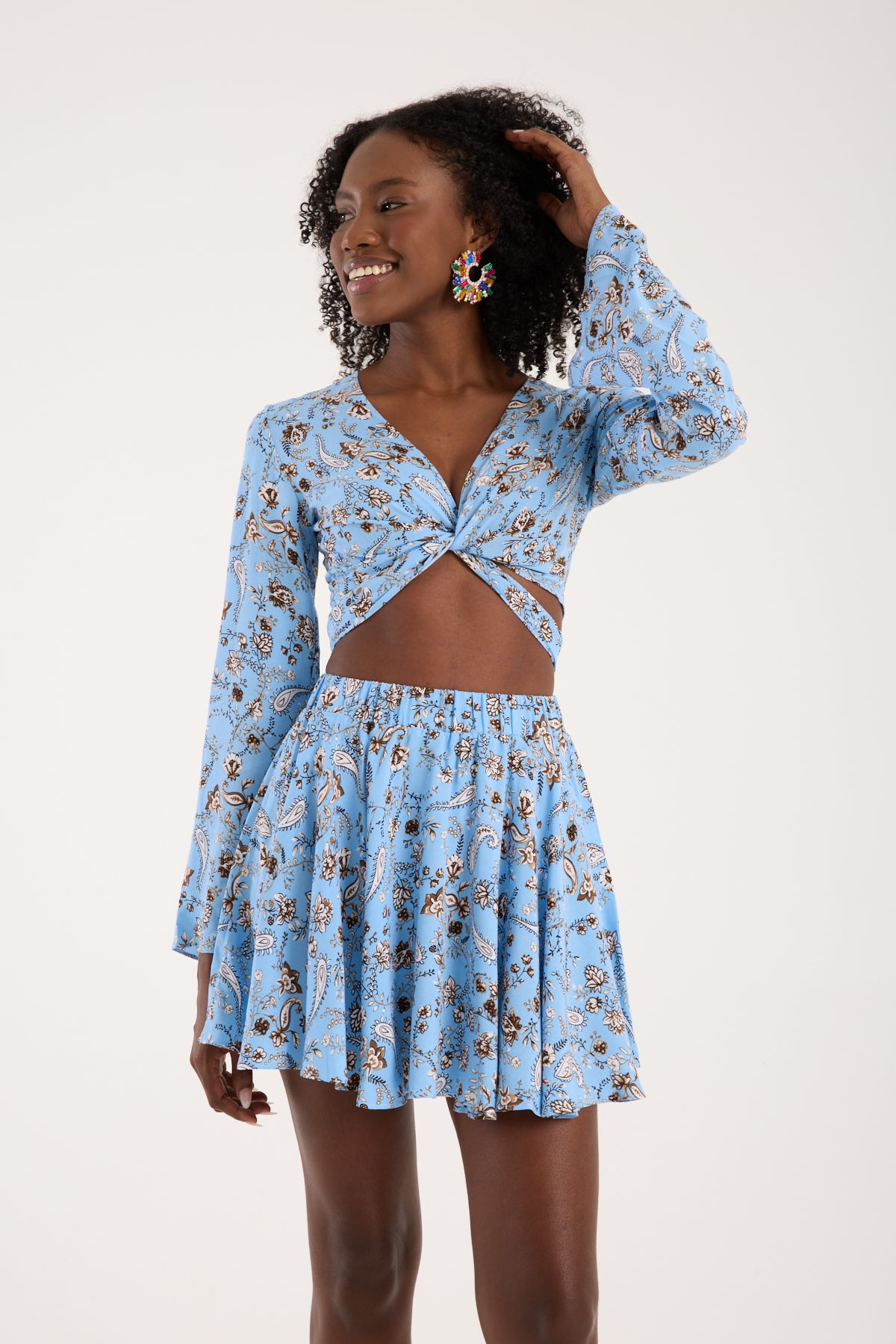 Paisley Printed Tie-Back Long-Sleeve Crop Top - Sky Blue
