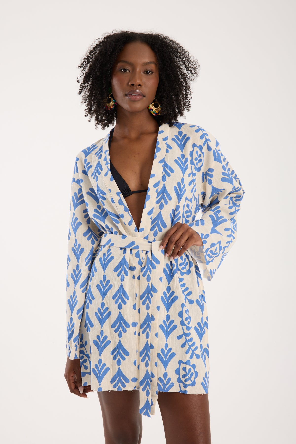 Botanical Printed Short Kimono - Cream & Cobalt Blue