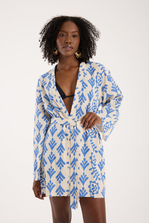 Botanical Printed Short Kimono - Cream & Cobalt Blue