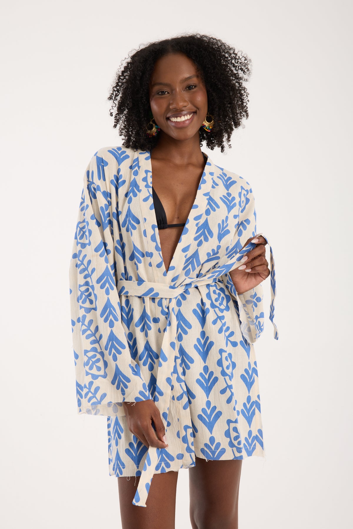 Botanical Printed Short Kimono - Cream & Cobalt Blue