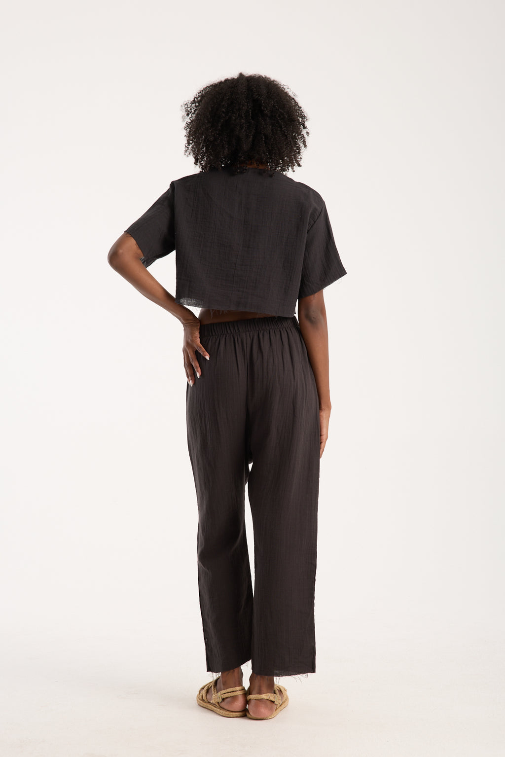 Cotton Muslin Relaxed Trousers - Black