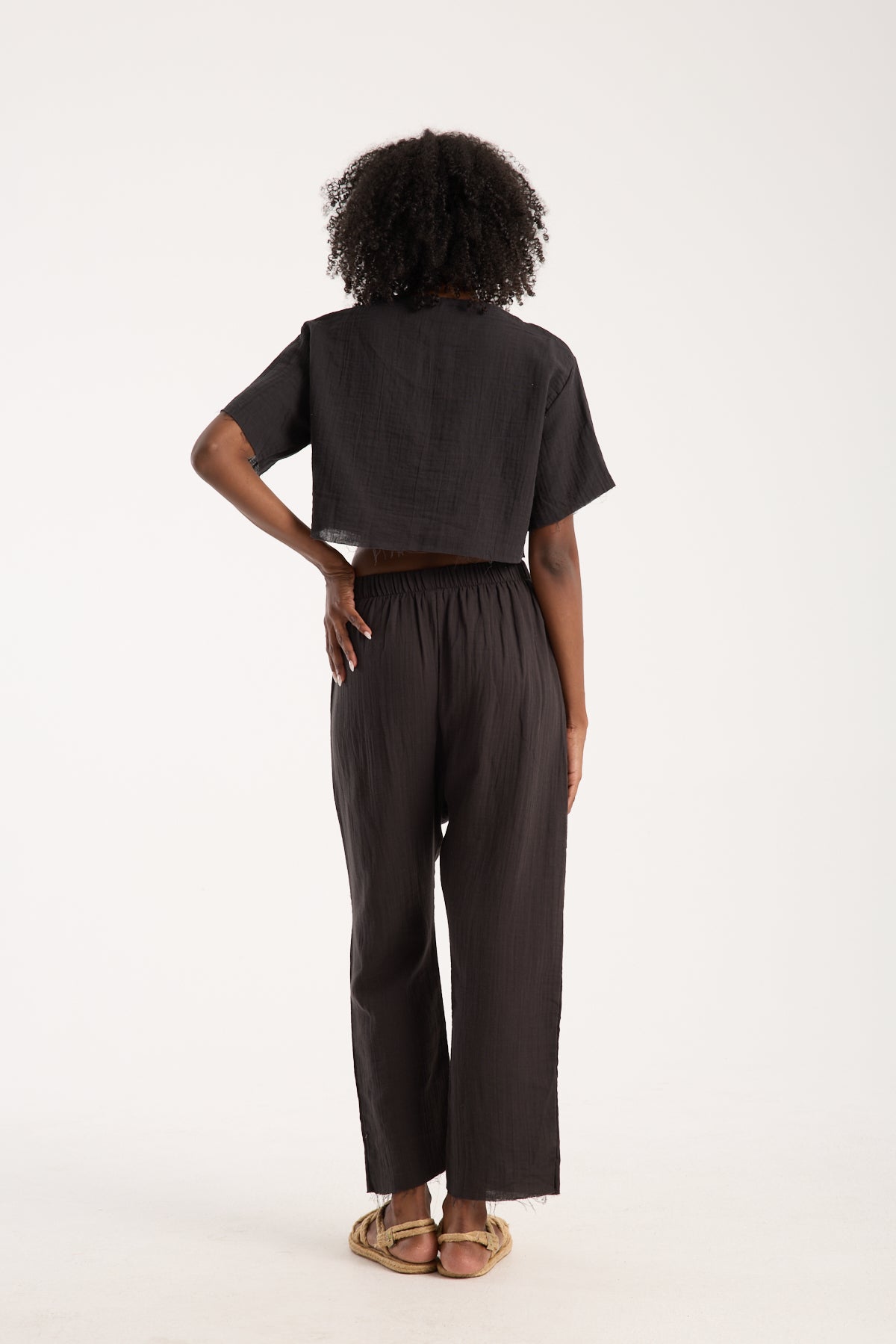 Cotton Muslin Relaxed Trousers - Black