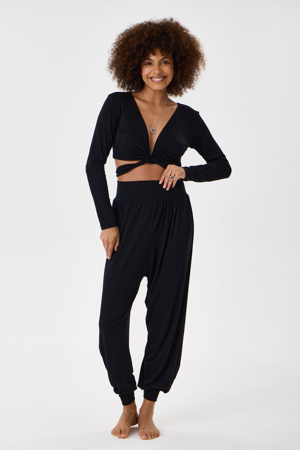 Wrap-Around Long-Sleeve Crop Top - Black