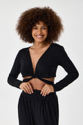Wrap-Around Long-Sleeve Crop Top - Black