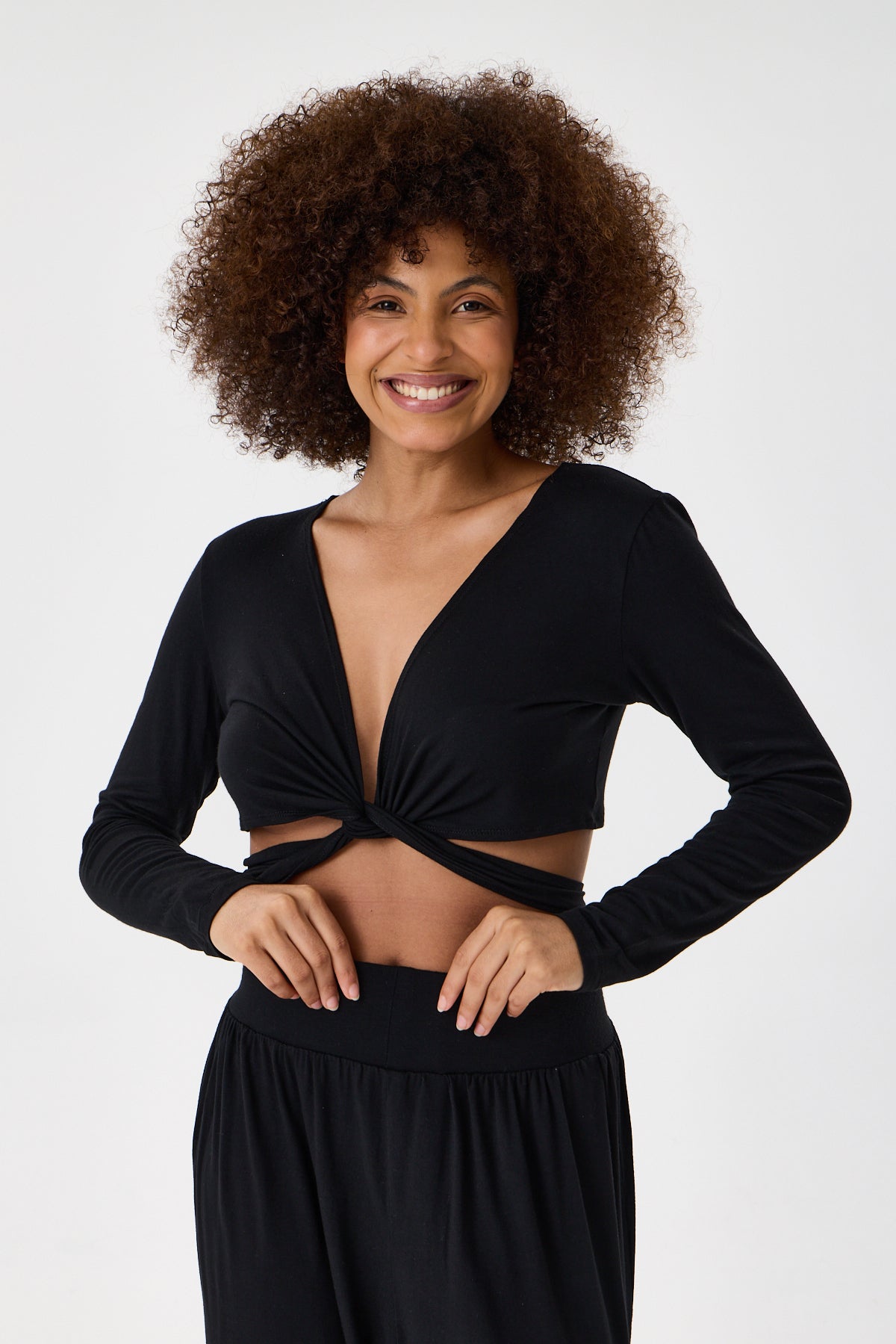 Wrap-Around Long-Sleeve Crop Top - Black