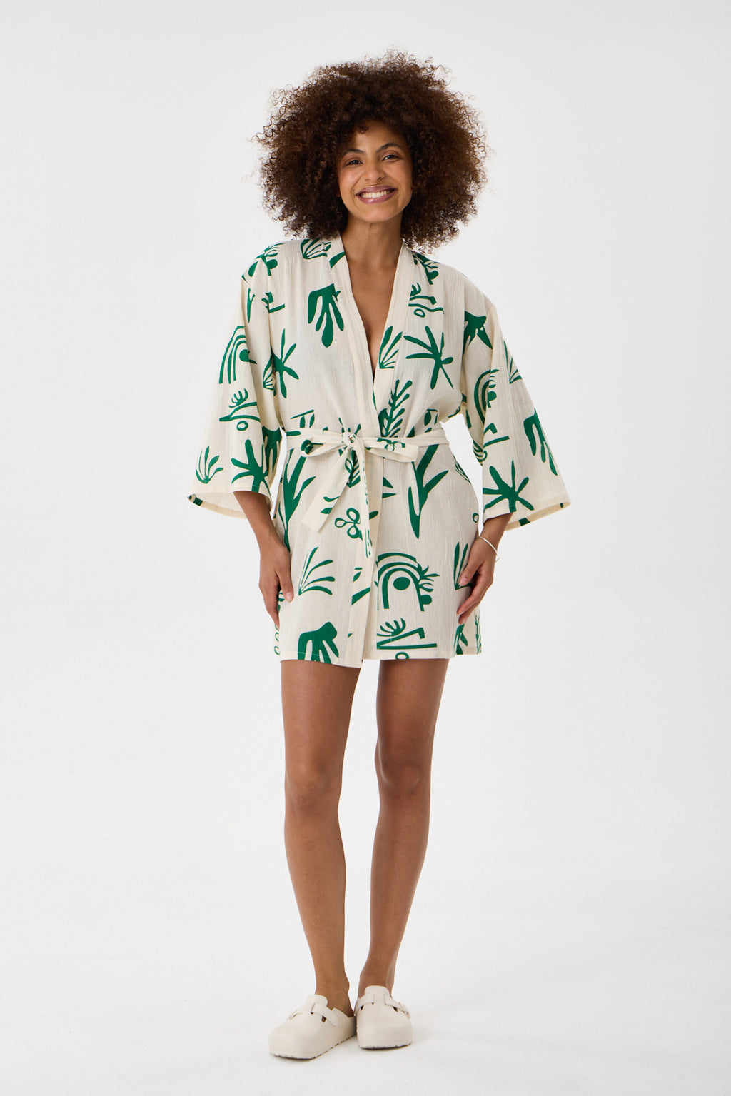 Botanical Printed Short Kimono - Cream & Emerald Green
