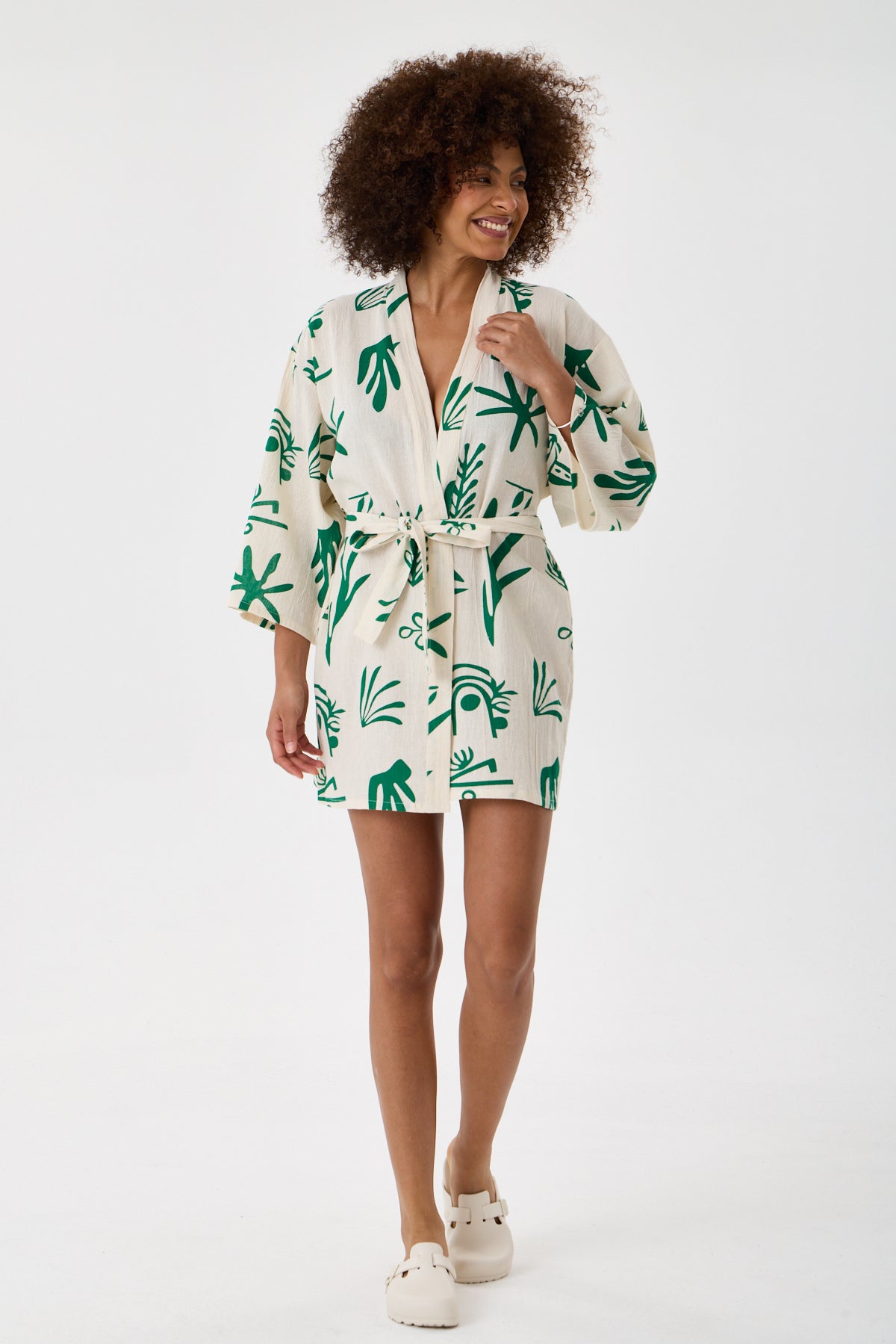 Botanical Printed Short Kimono - Cream & Emerald Green