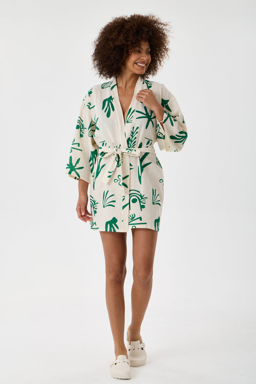 Botanical Printed Short Kimono - Cream & Emerald Green