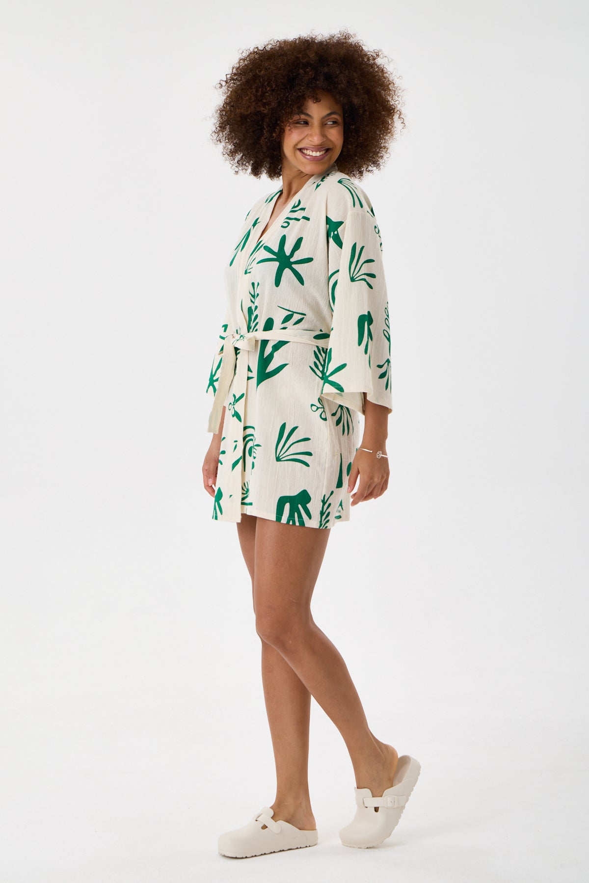 Botanical Printed Short Kimono - Cream & Emerald Green
