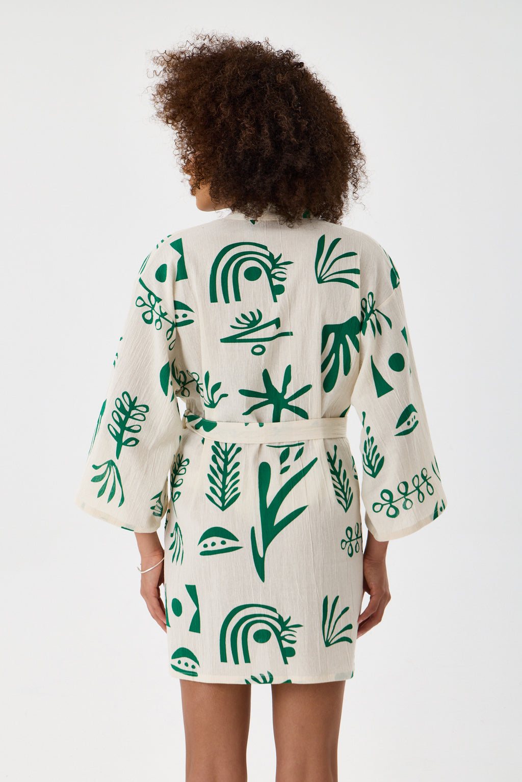 Botanical Printed Short Kimono - Cream & Emerald Green