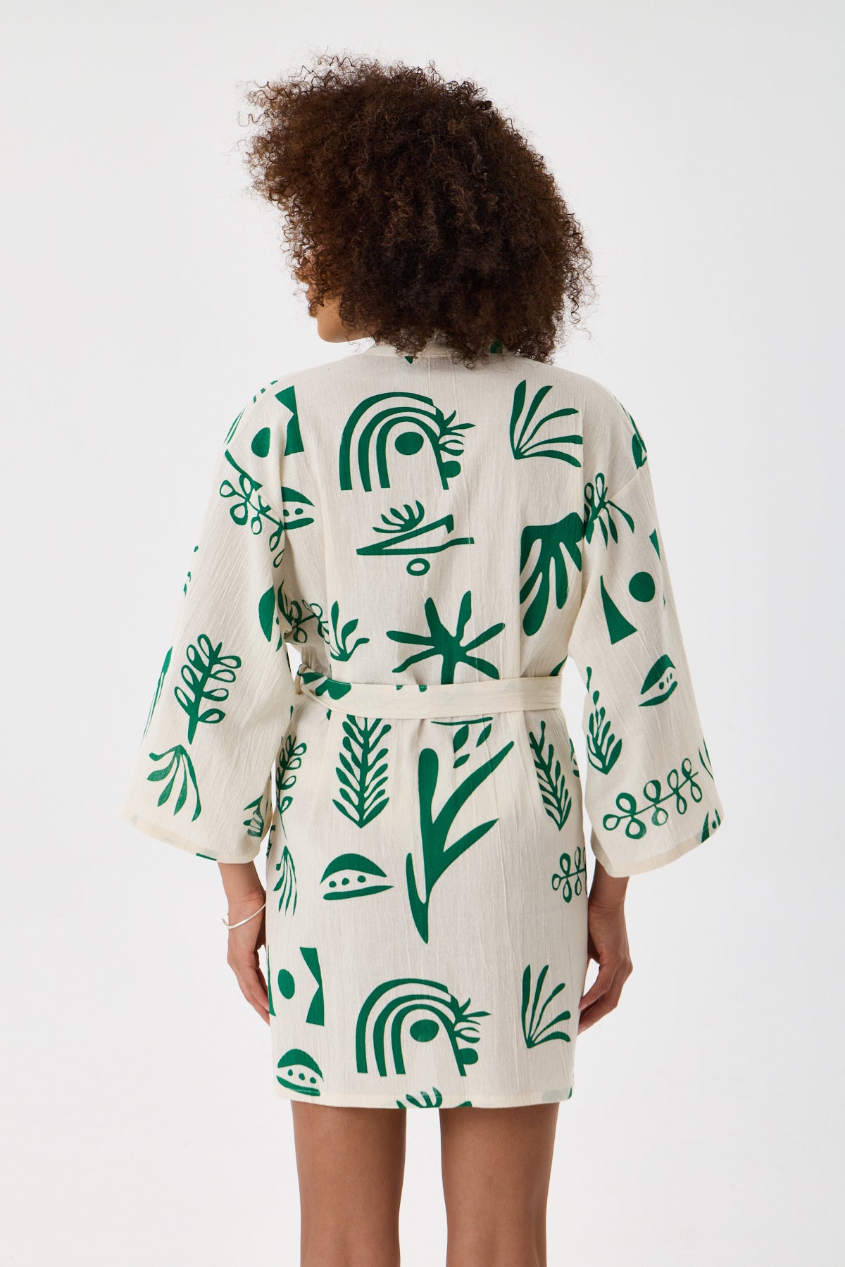 Botanical Printed Short Kimono - Cream & Emerald Green