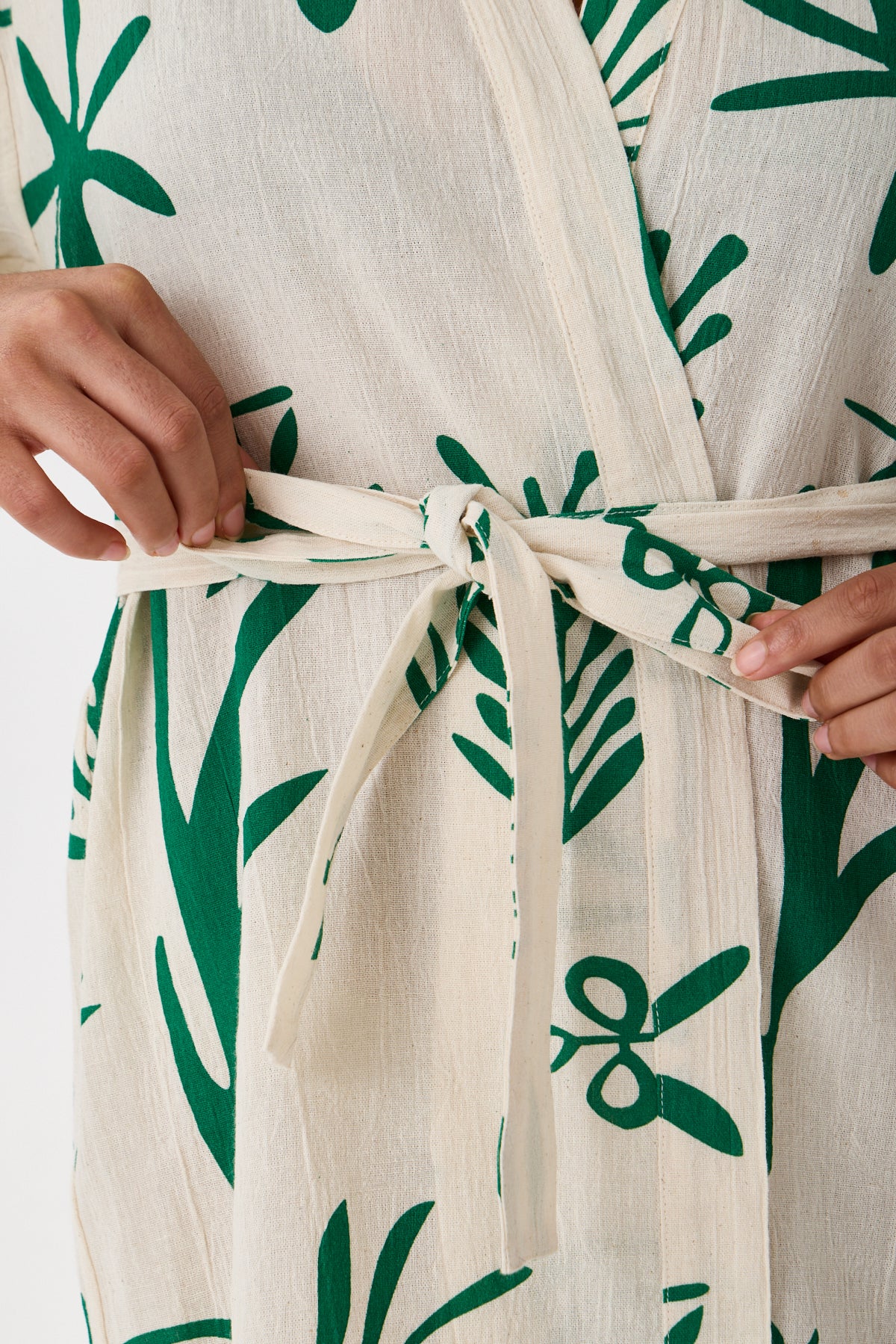 Botanical Printed Short Kimono - Cream & Emerald Green