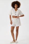 Striped Cotton Drawstring Shorts - Cream & Charcoal