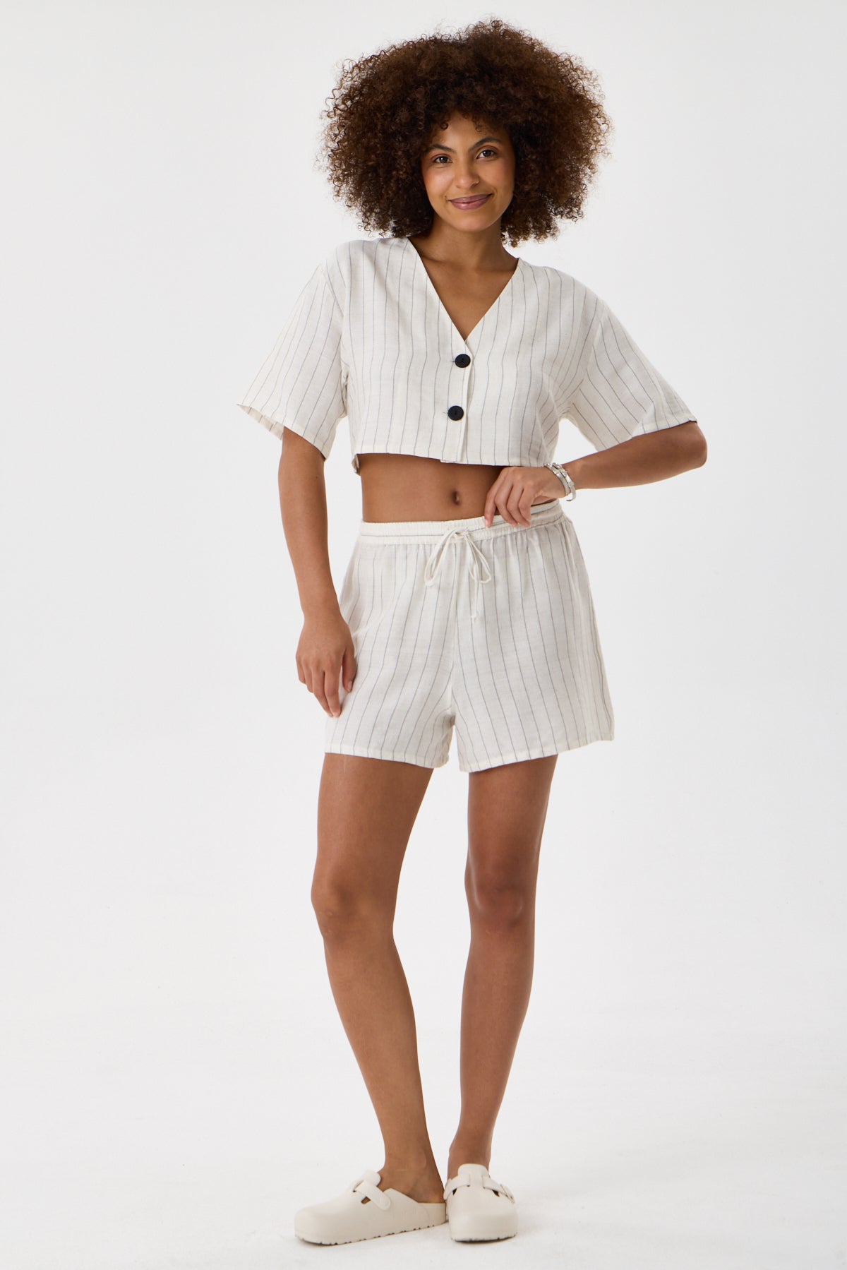 Striped Cotton Drawstring Shorts - Cream & Charcoal