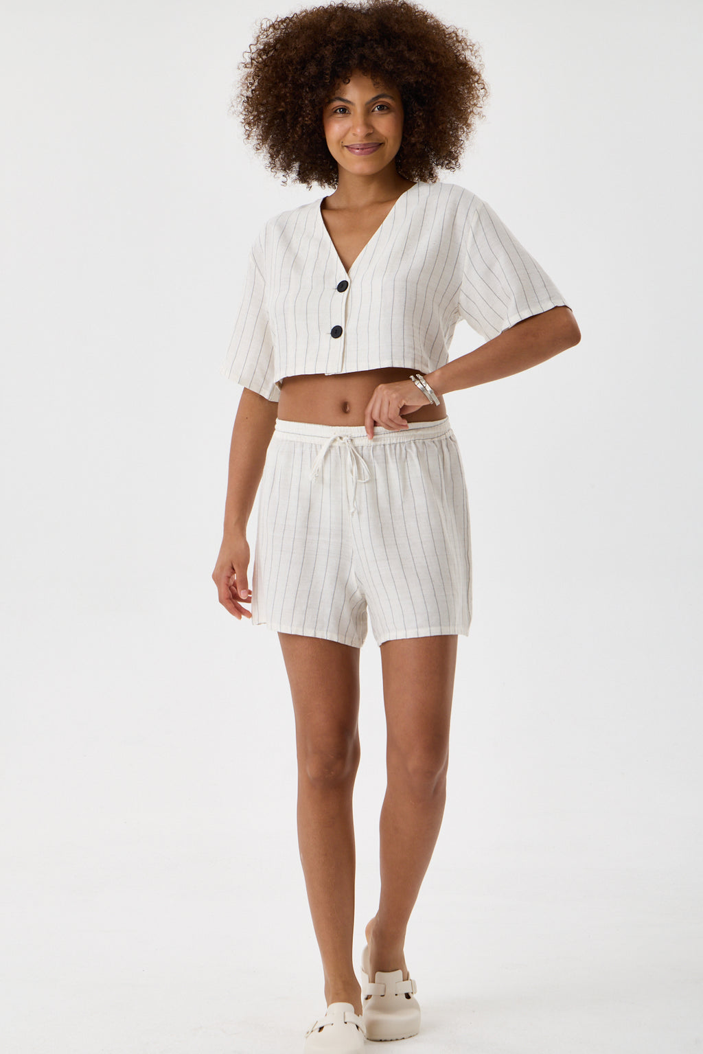 Striped Cotton Drawstring Shorts - Cream & Charcoal