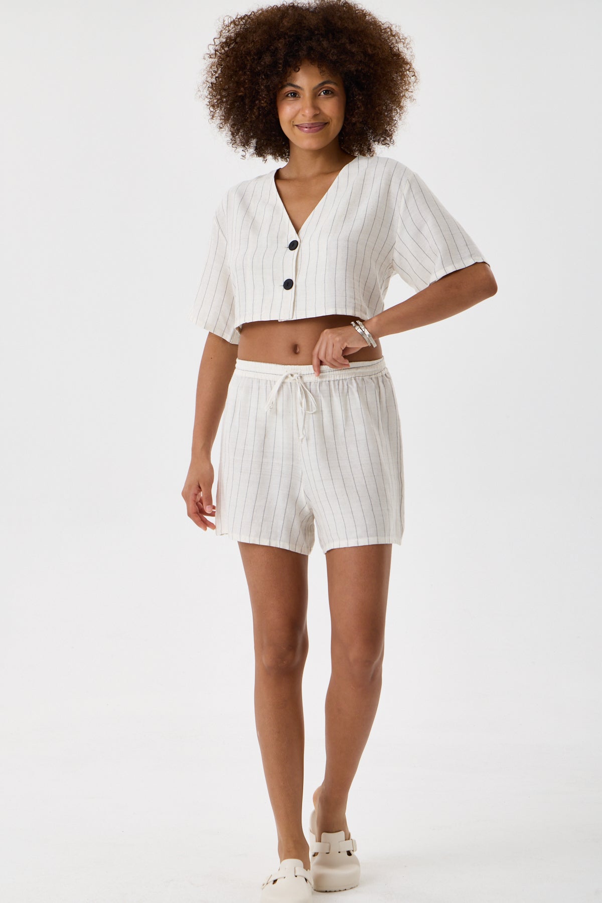 Striped Cotton Drawstring Shorts - Cream & Charcoal