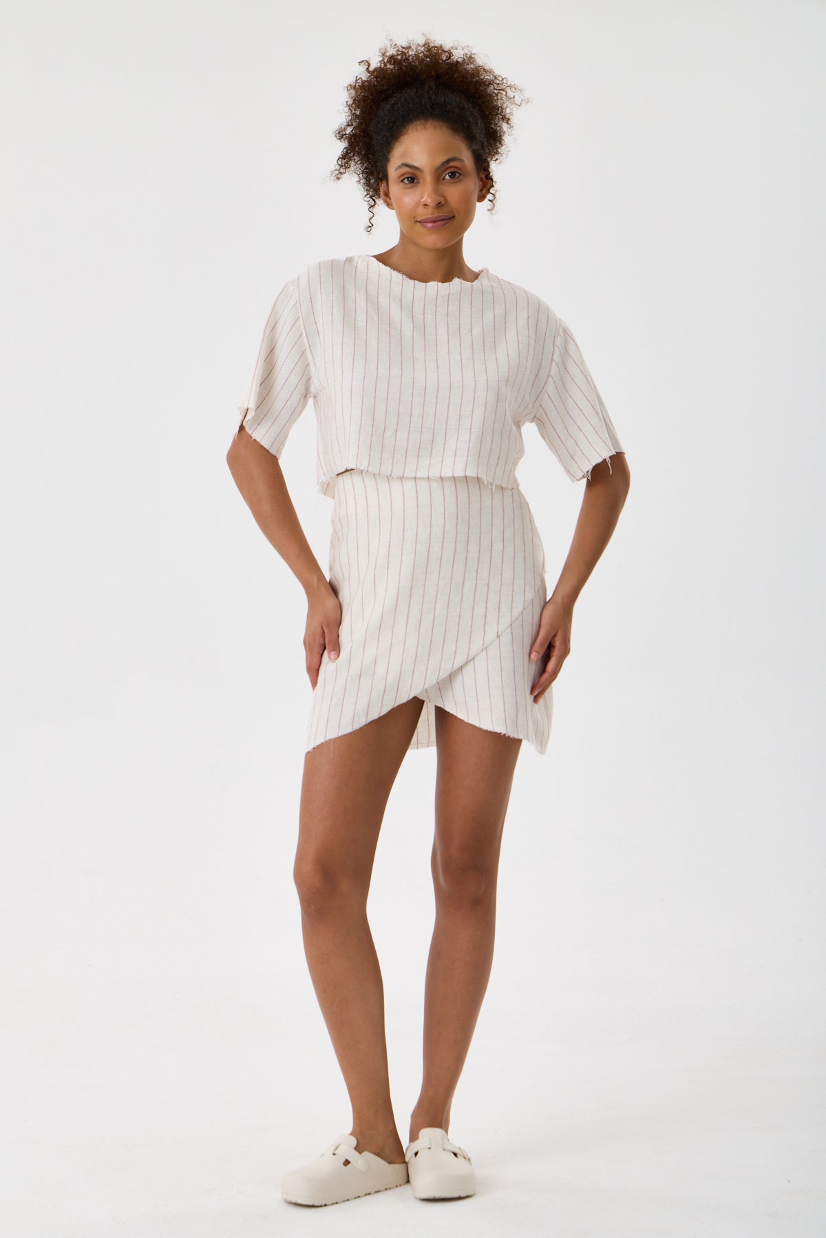 Striped Cotton Back-Tie Wrap Mini Skirt - Cream & Crimson