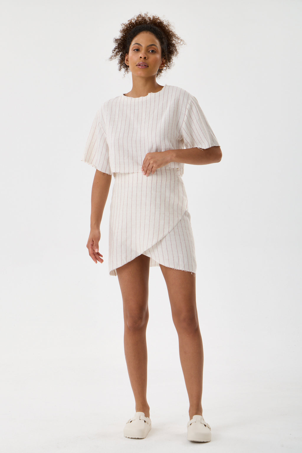 Striped Cotton Back-Tie Wrap Mini Skirt - Cream & Crimson