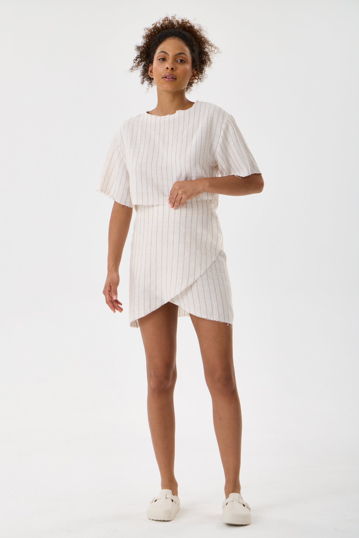 Striped Cotton Back-Tie Wrap Mini Skirt - Cream & Crimson
