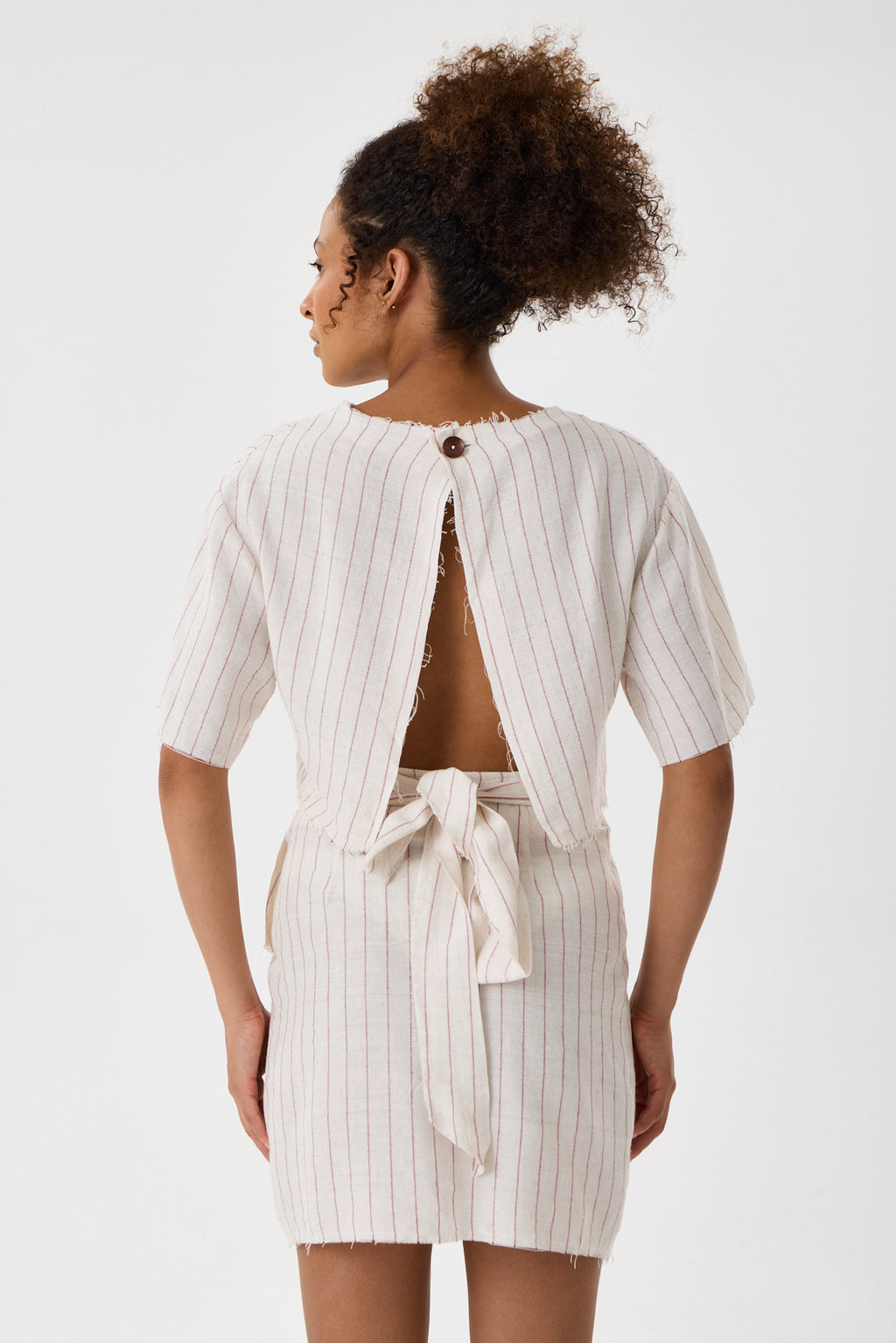 Striped Cotton Back-Tie Wrap Mini Skirt - Cream & Crimson