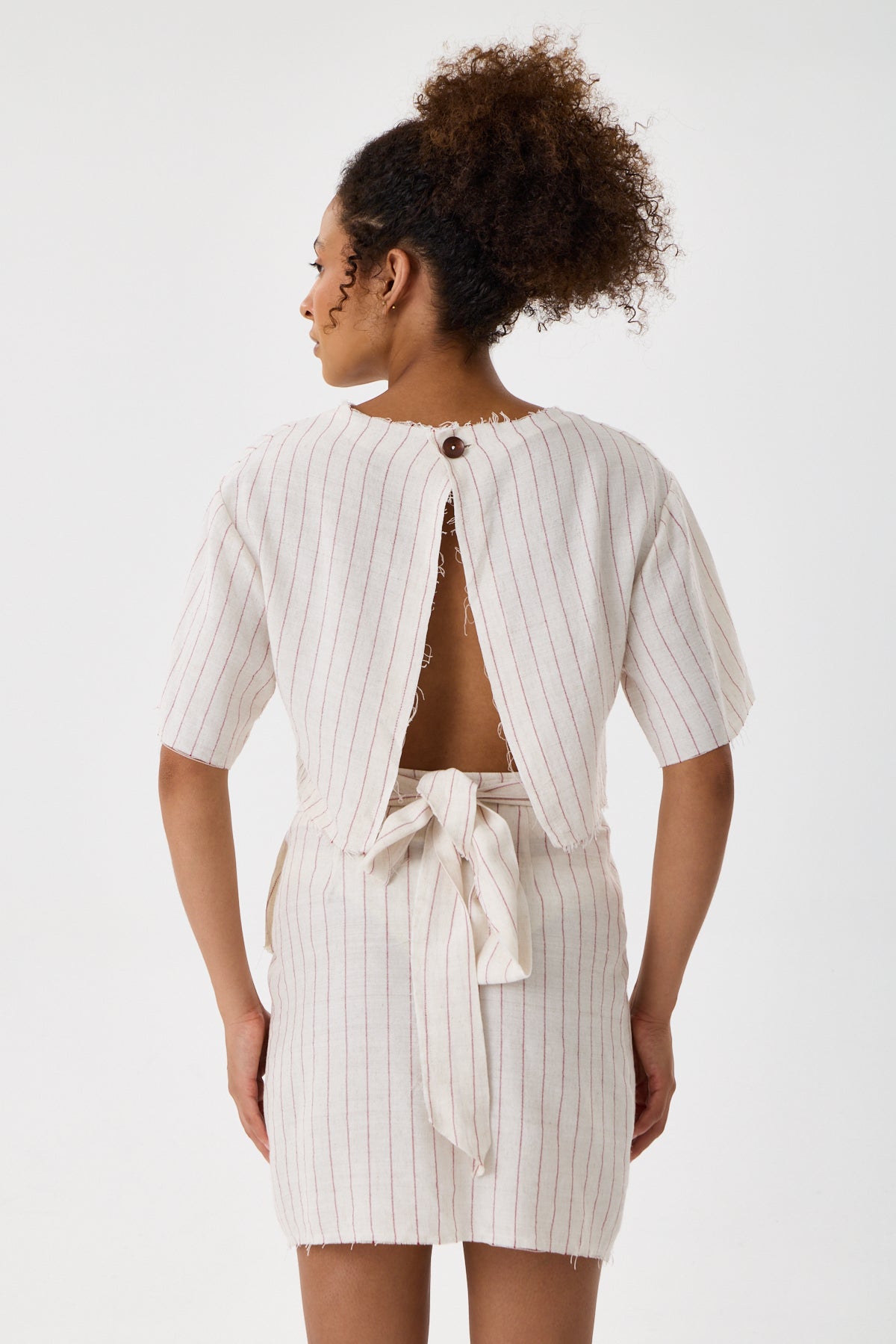 Striped Cotton Back-Tie Wrap Mini Skirt - Cream & Crimson