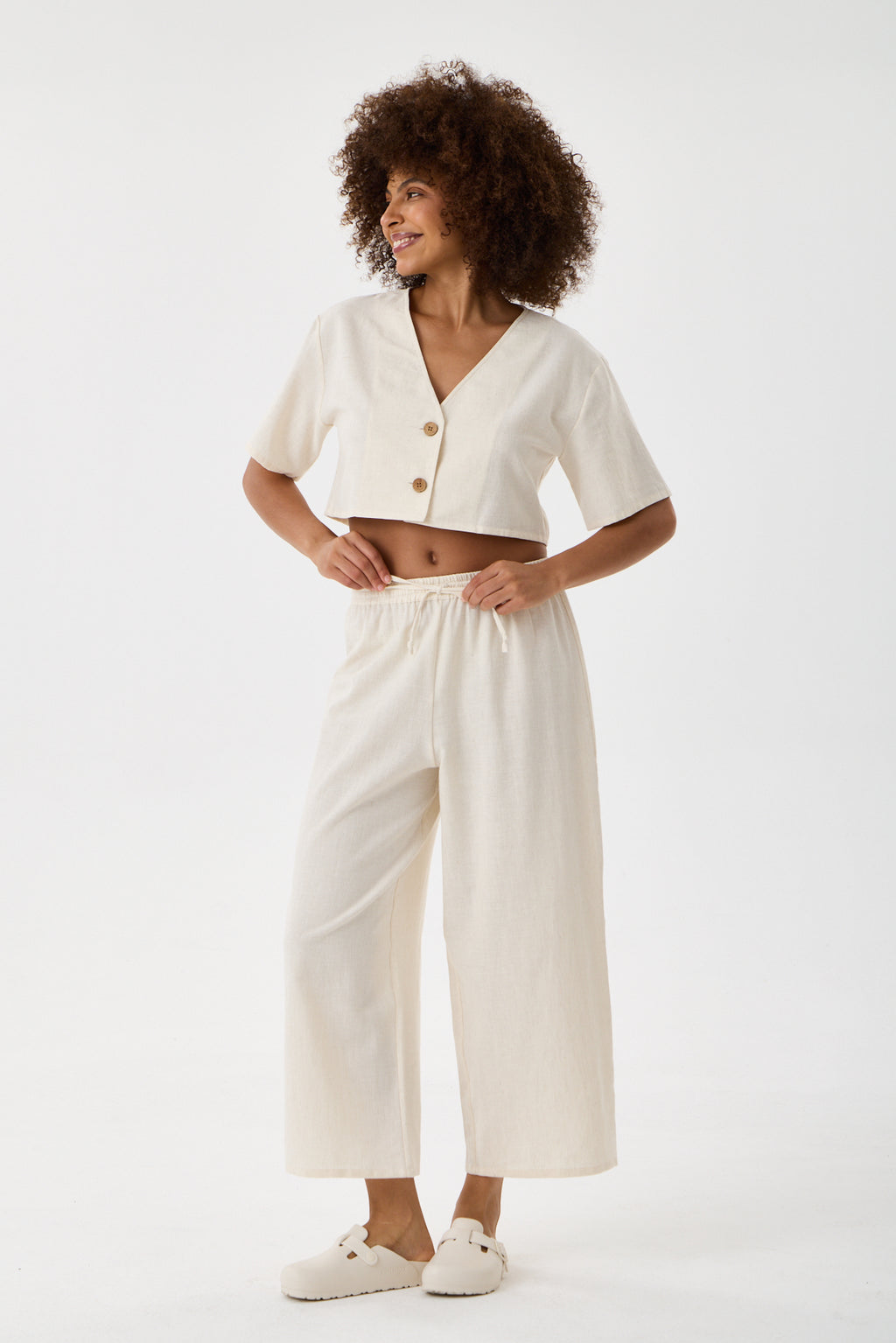 Relaxed Wide-Leg Cotton Pants - Ecru