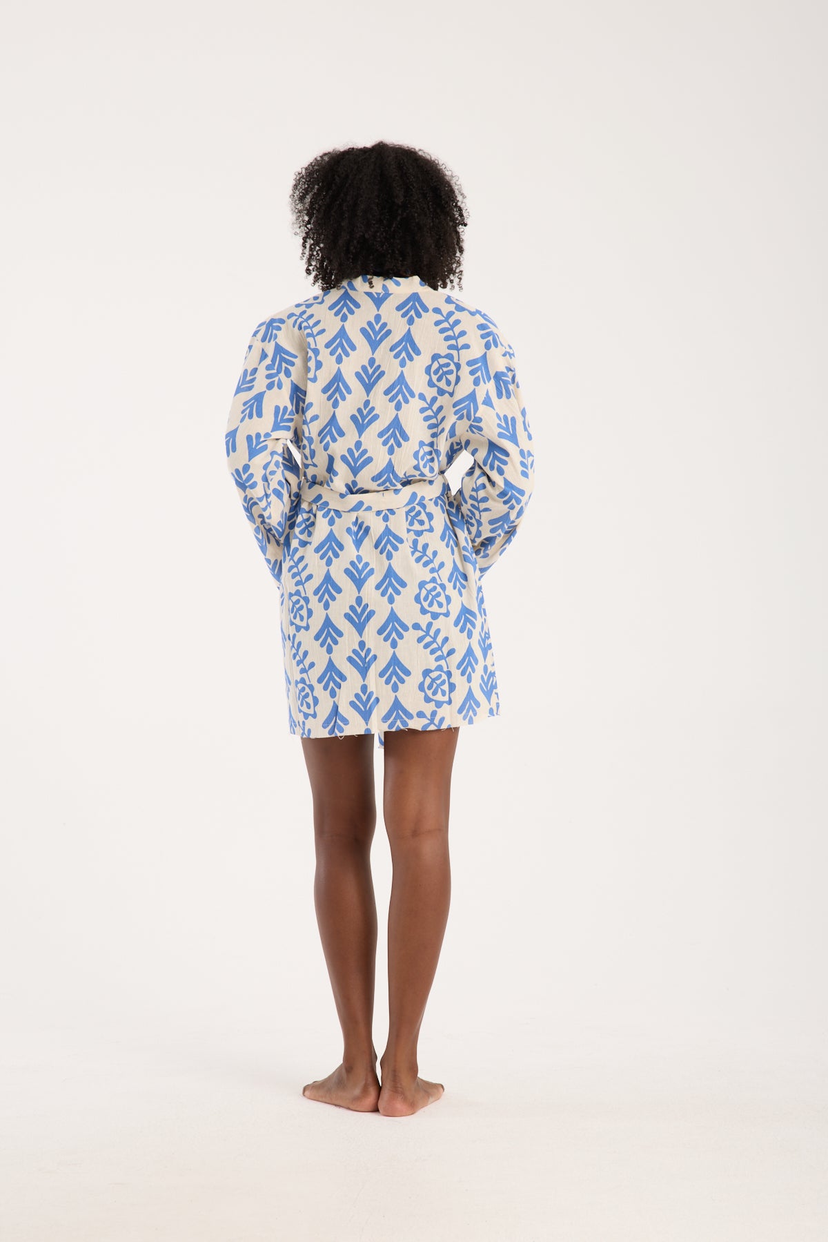 Botanical Printed Short Kimono - Cream & Cobalt Blue