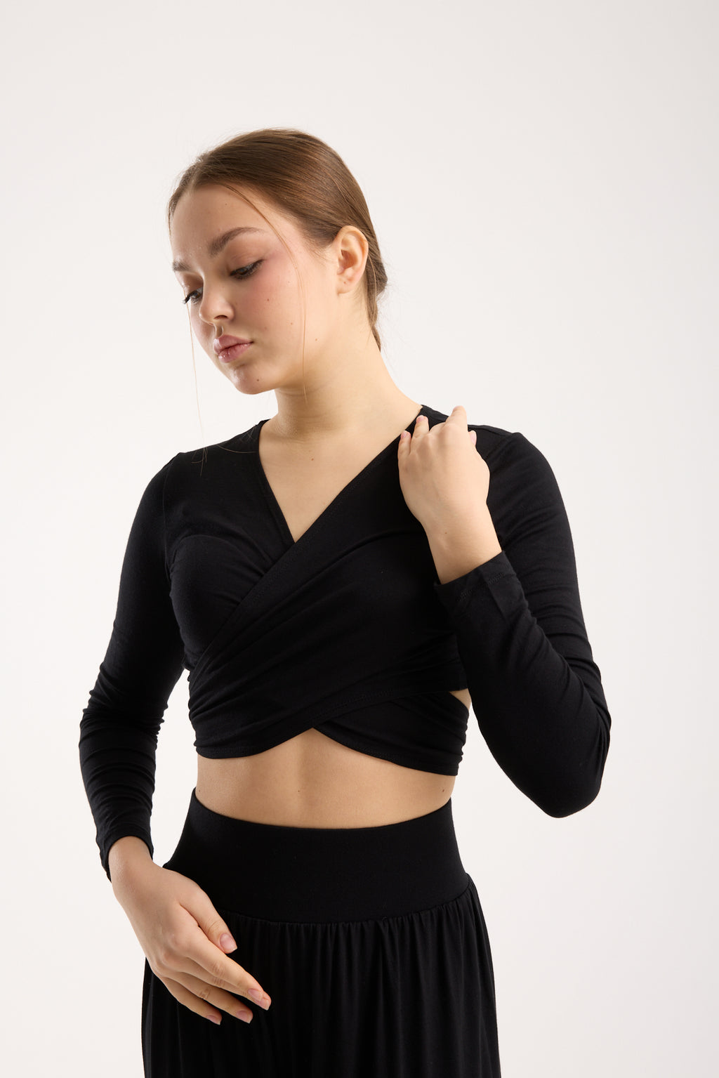 Wrap-Around Long-Sleeve Crop Top - Black