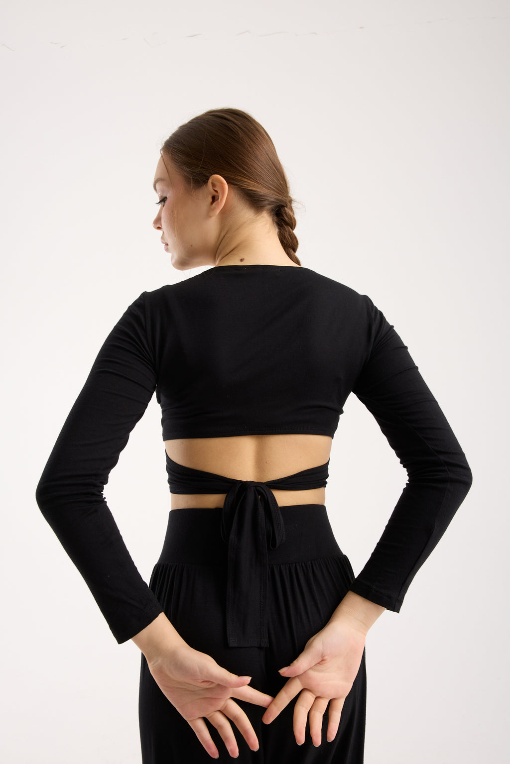 Wrap-Around Long-Sleeve Crop Top - Black