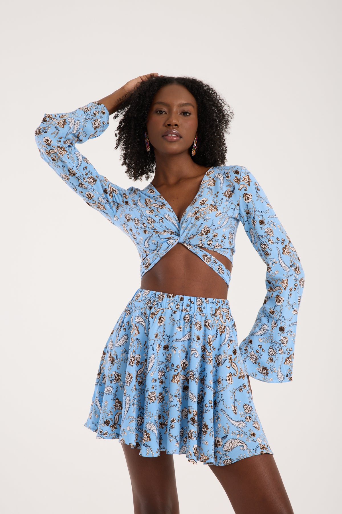 Paisley Printed Tie-Back Long-Sleeve Crop Top - Sky Blue