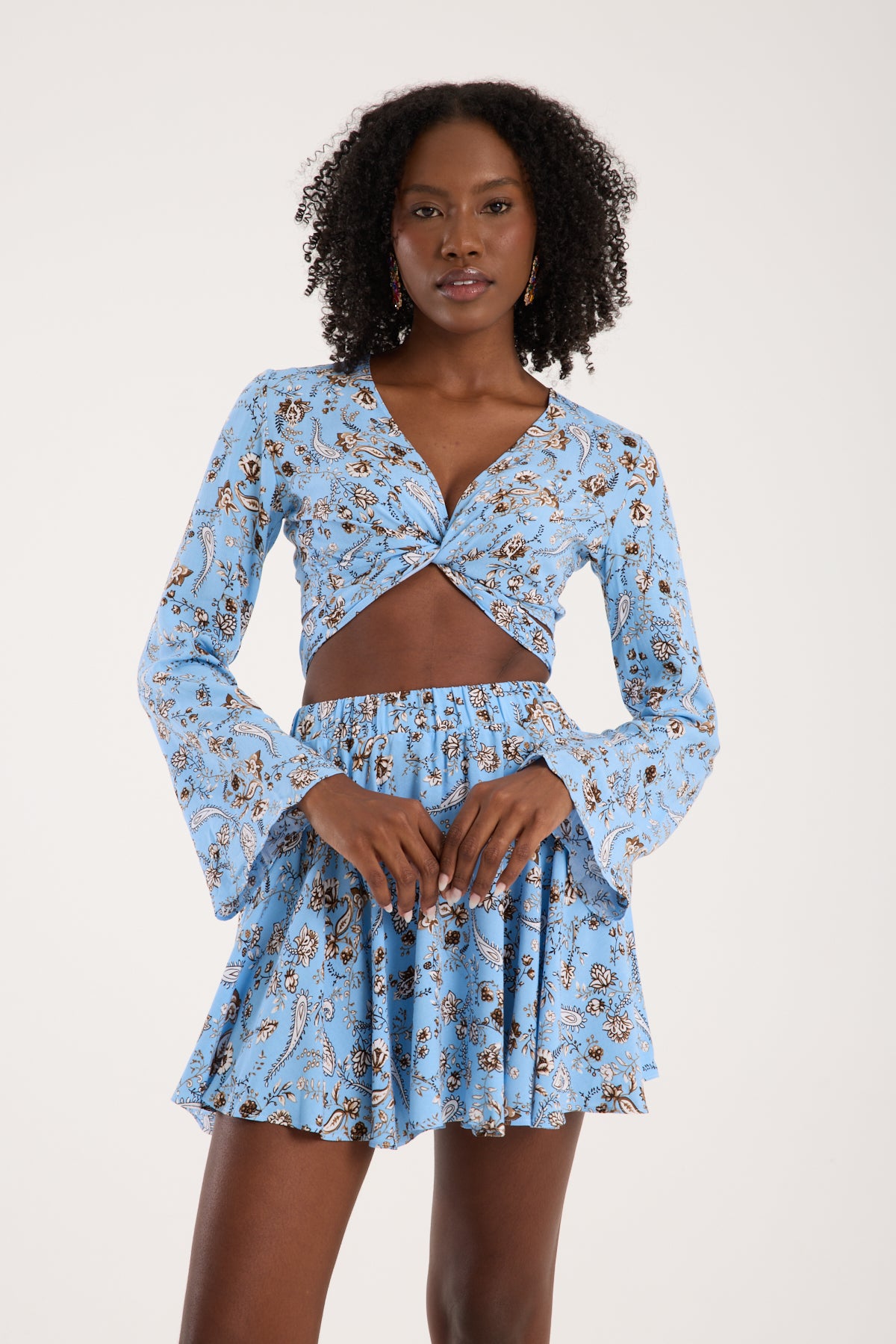 Paisley Printed Tie-Back Long-Sleeve Crop Top - Sky Blue