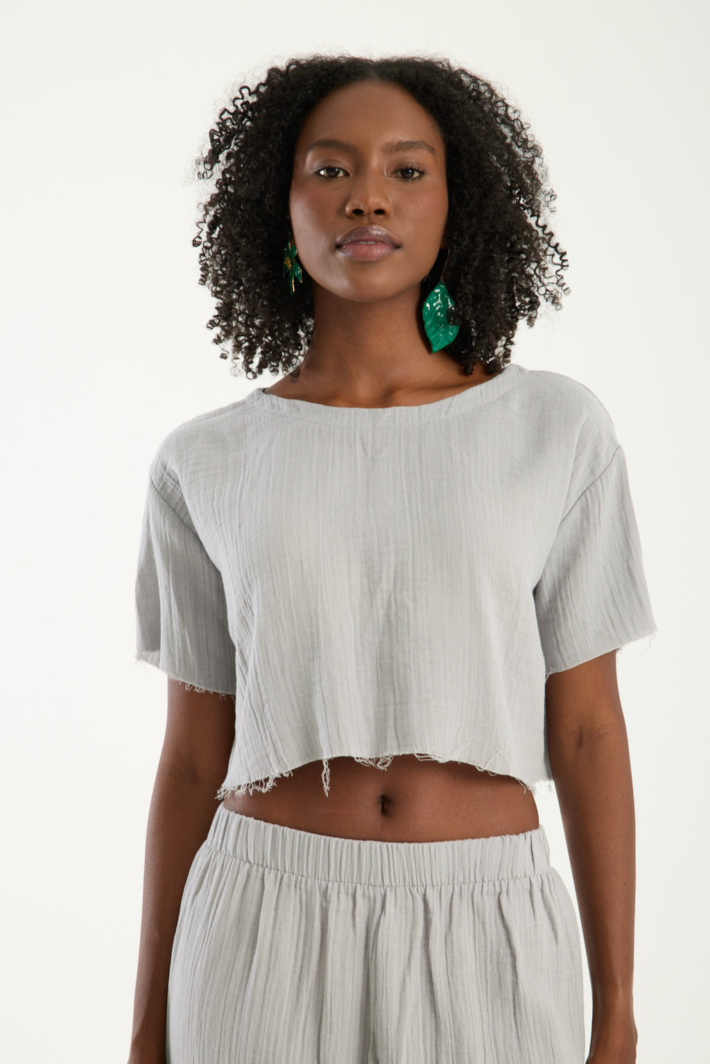 Cotton Muslin Short-Sleeve Crop Top - Light Grey