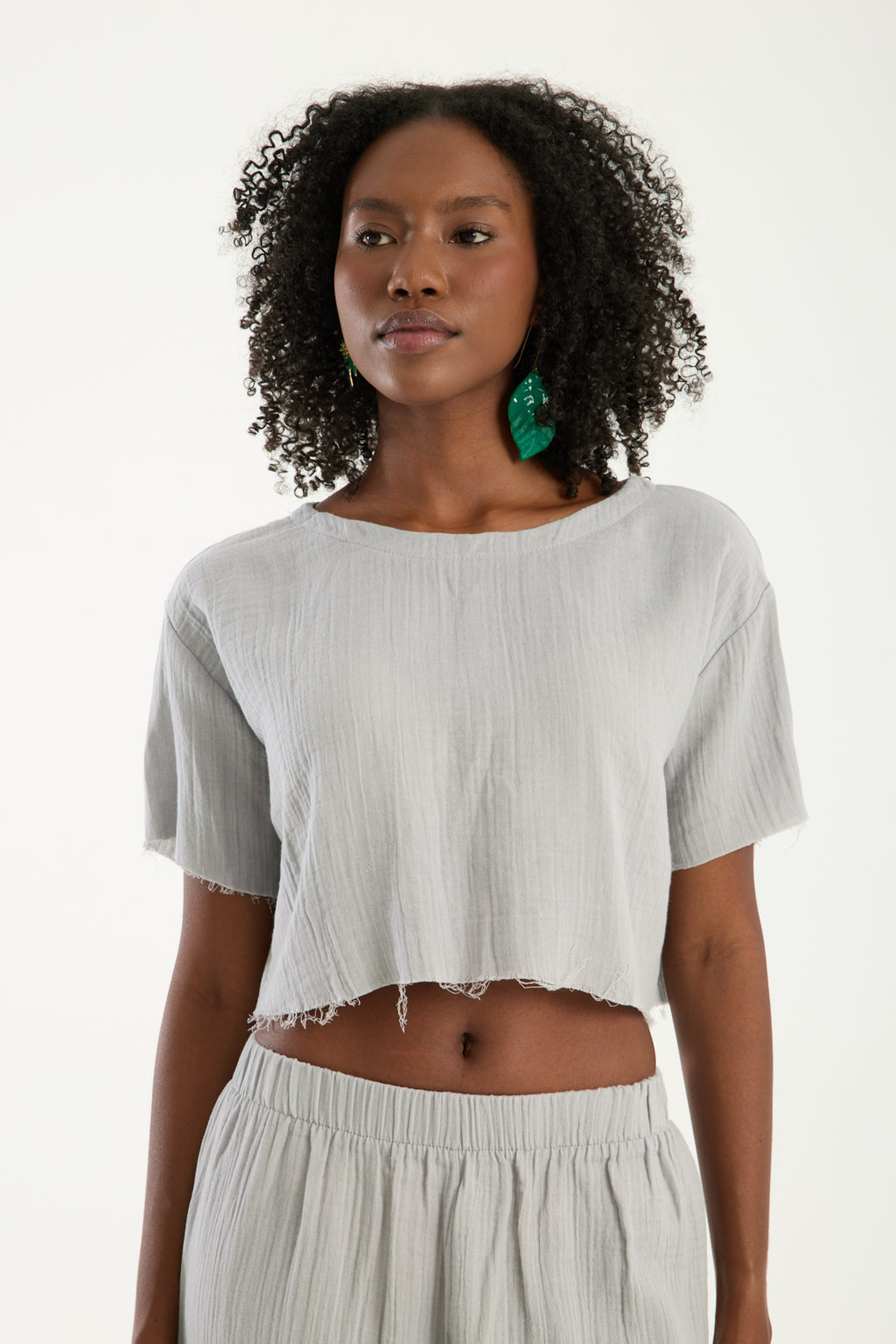 Cotton Muslin Short-Sleeve Crop Top - Light Grey