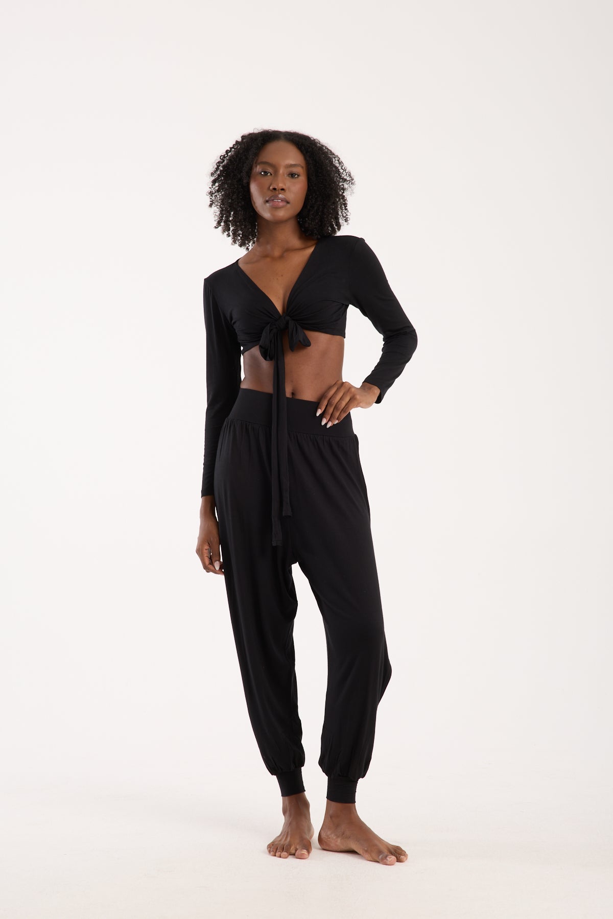 Wrap-Around Long-Sleeve Crop Top - Black
