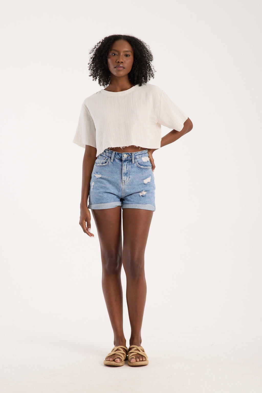 Cotton Muslin Short-Sleeve Crop Top - Cream
