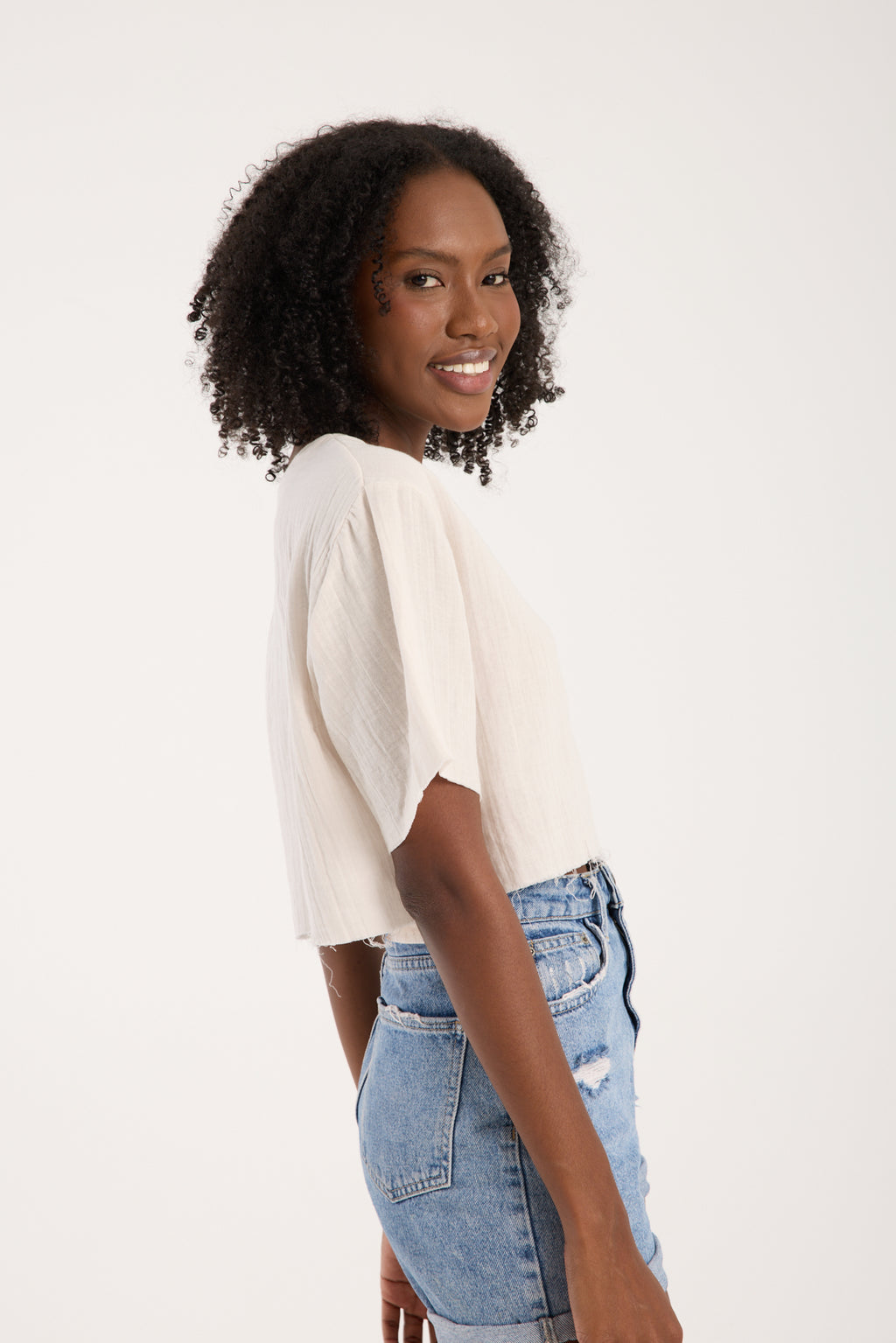 Cotton Muslin Short-Sleeve Crop Top - Cream