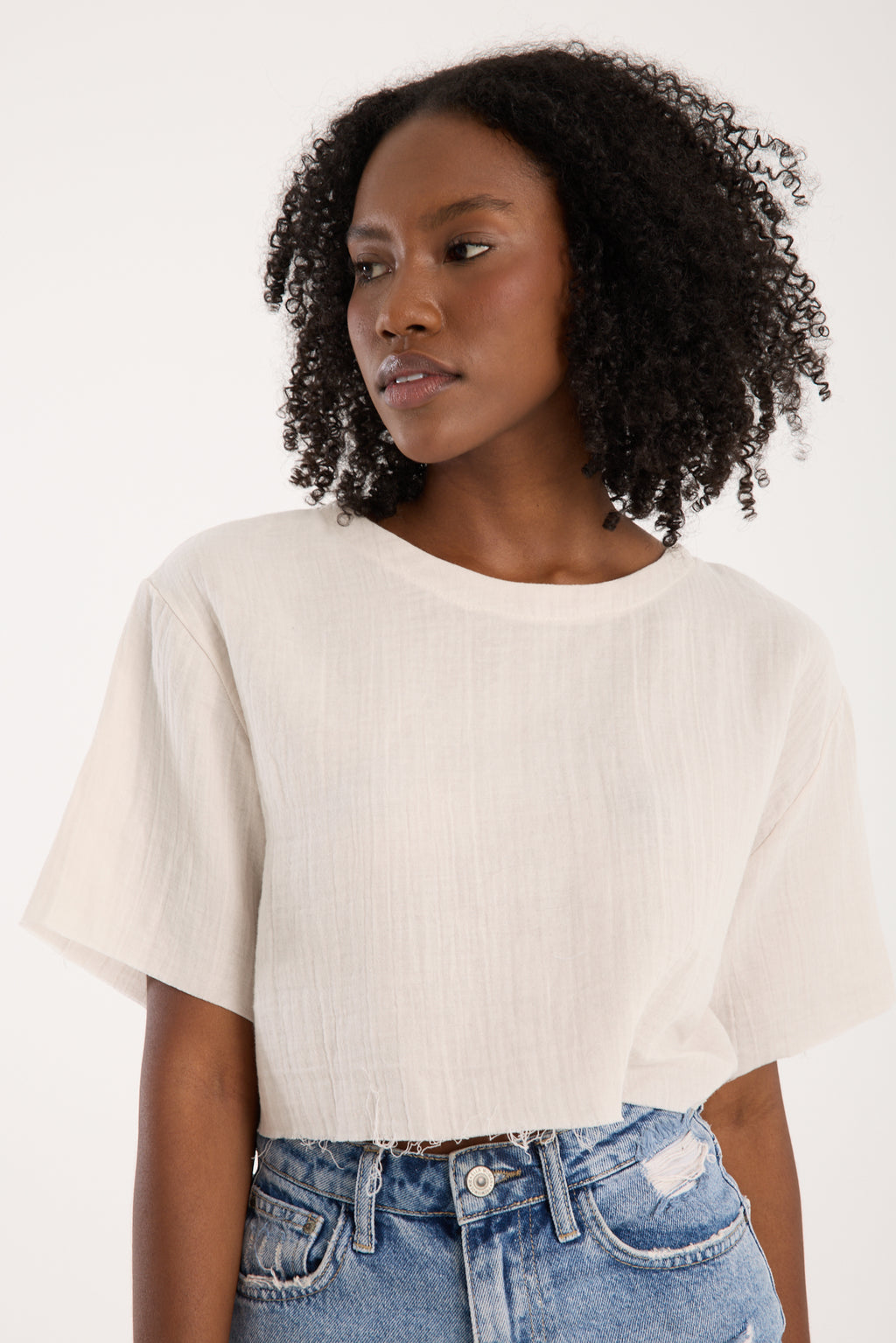 Cotton Muslin Short-Sleeve Crop Top - Cream