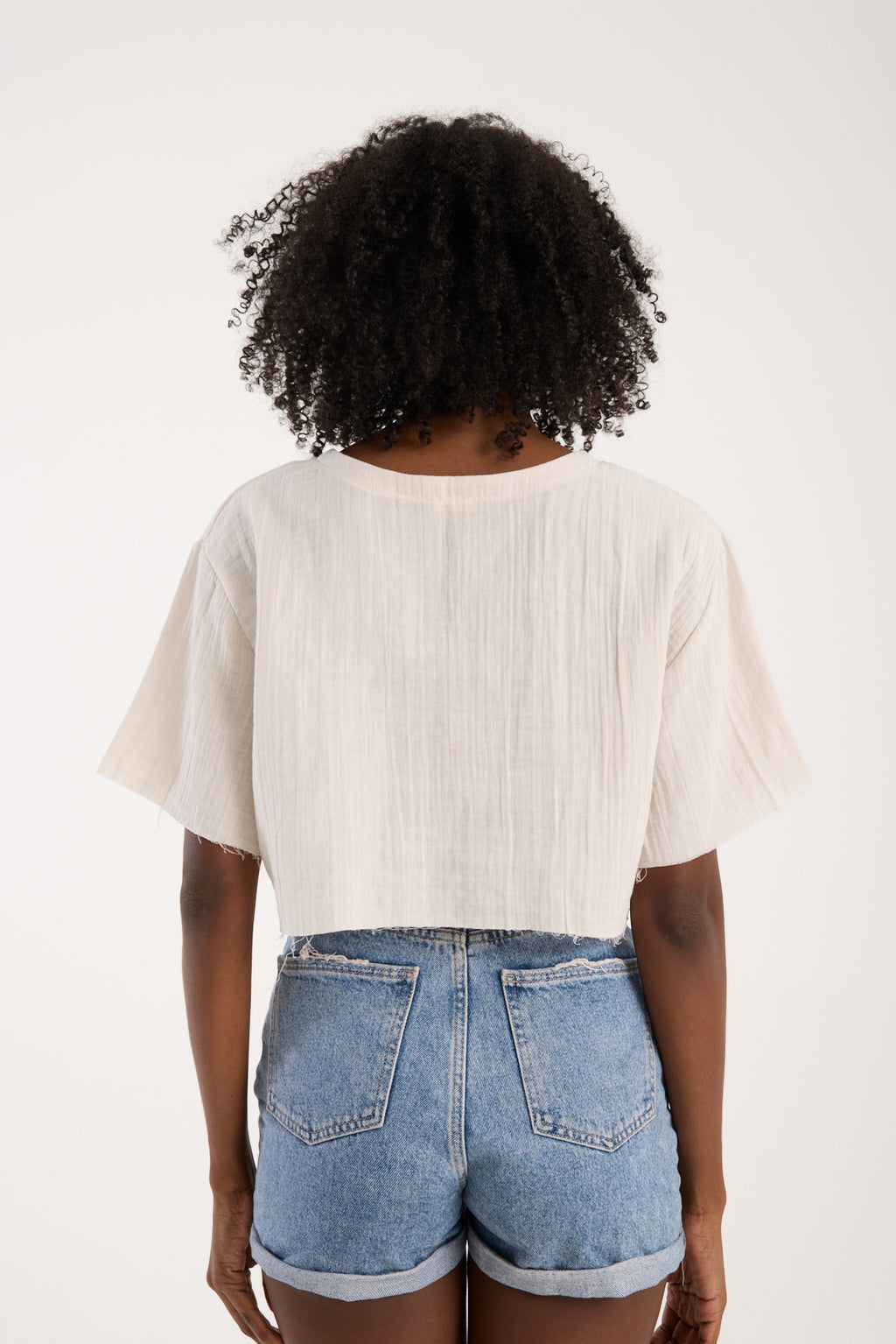 Cotton Muslin Short-Sleeve Crop Top - Cream