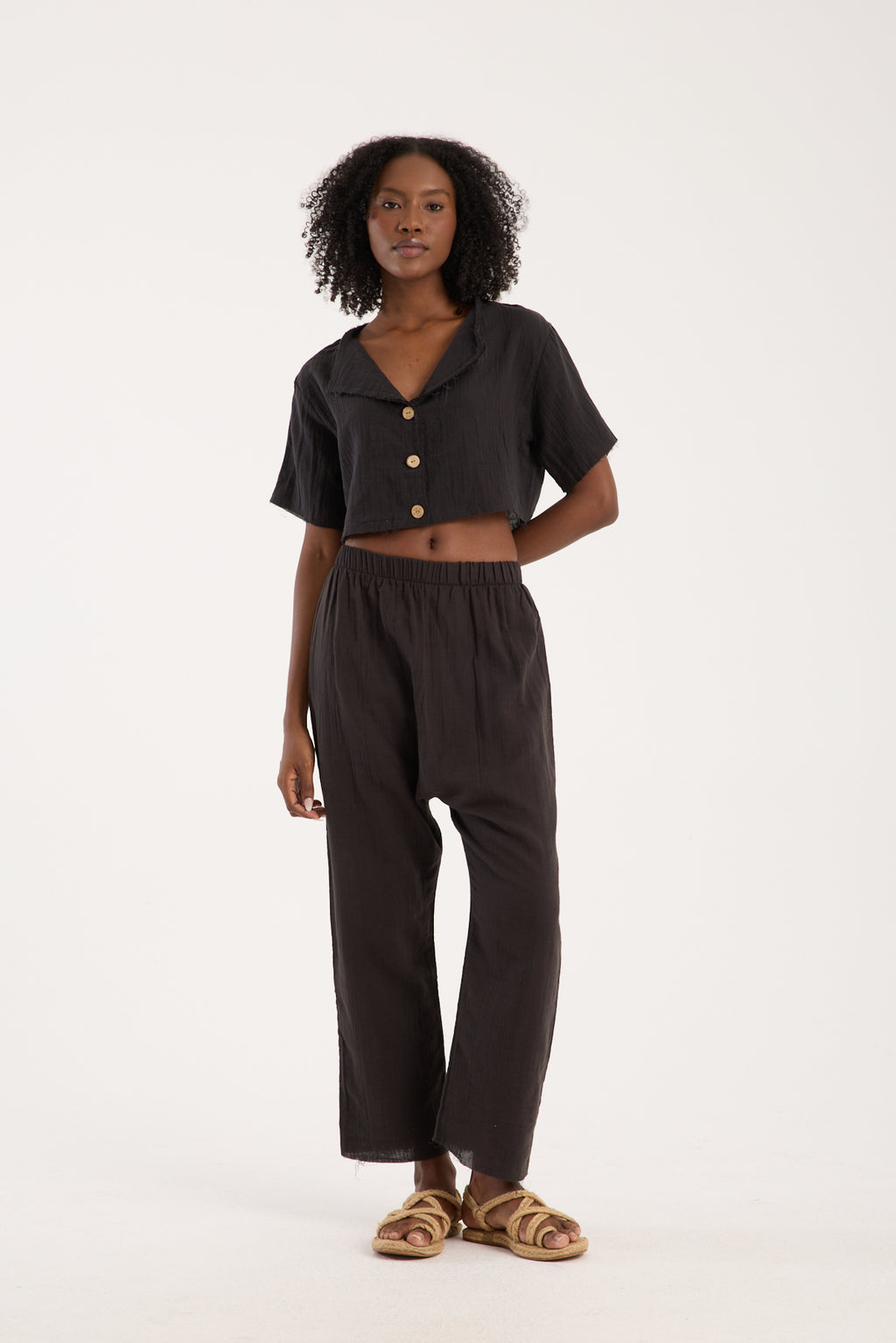 Cotton Muslin Relaxed Trousers - Black