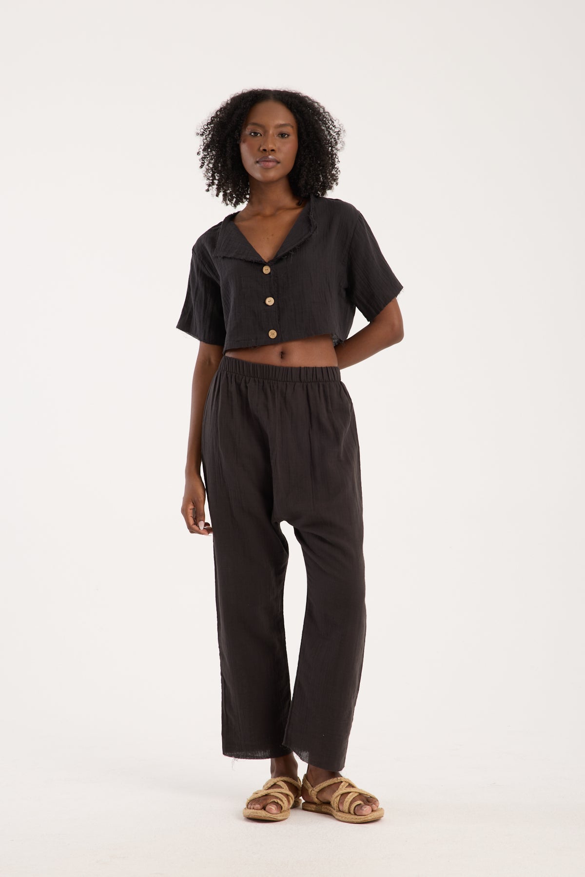 Cotton Muslin Relaxed Trousers - Black