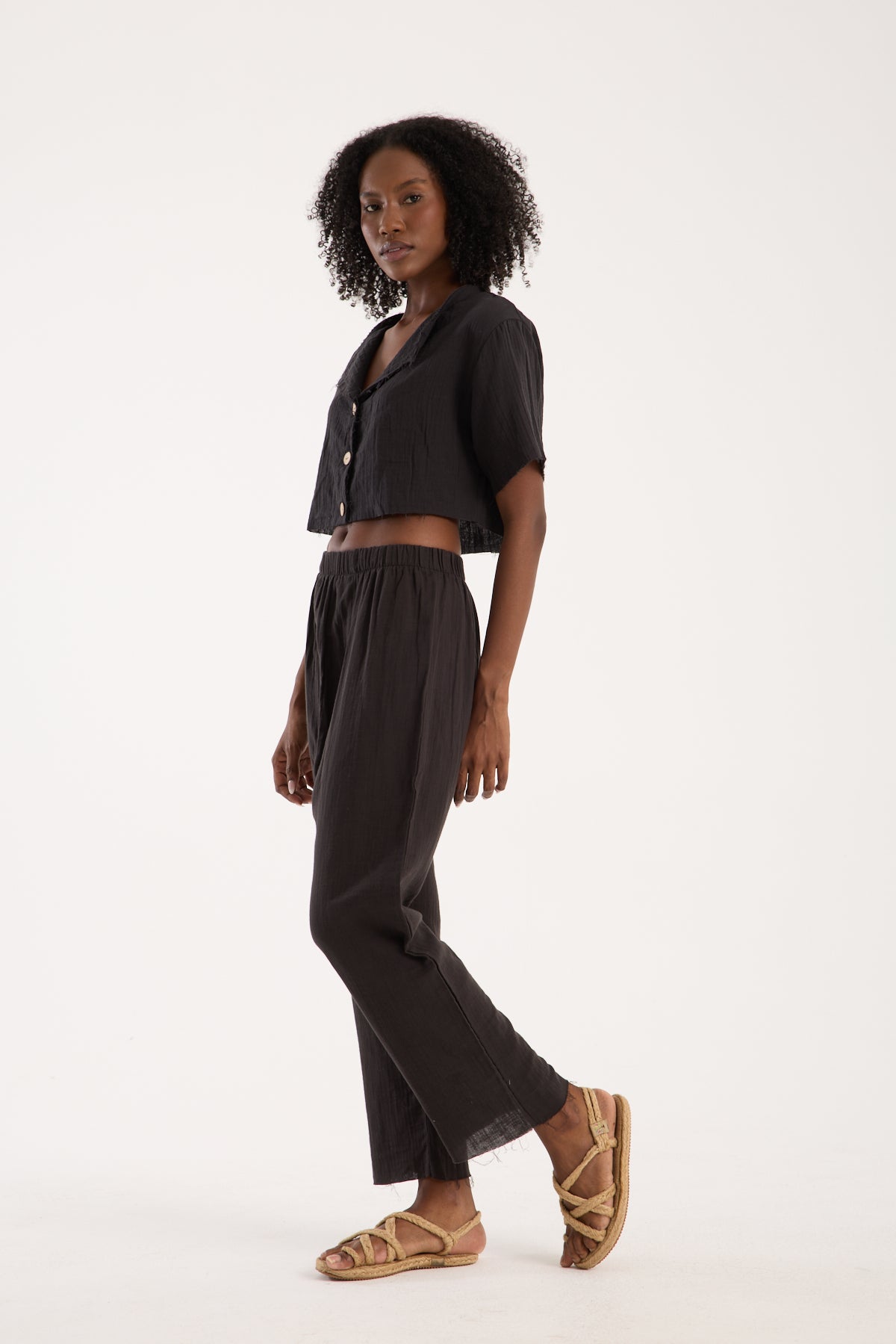 Cotton Muslin Relaxed Trousers - Black