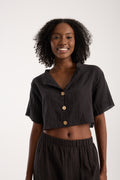 Cotton Muslin Short-Sleeve Crop Shirt - Black