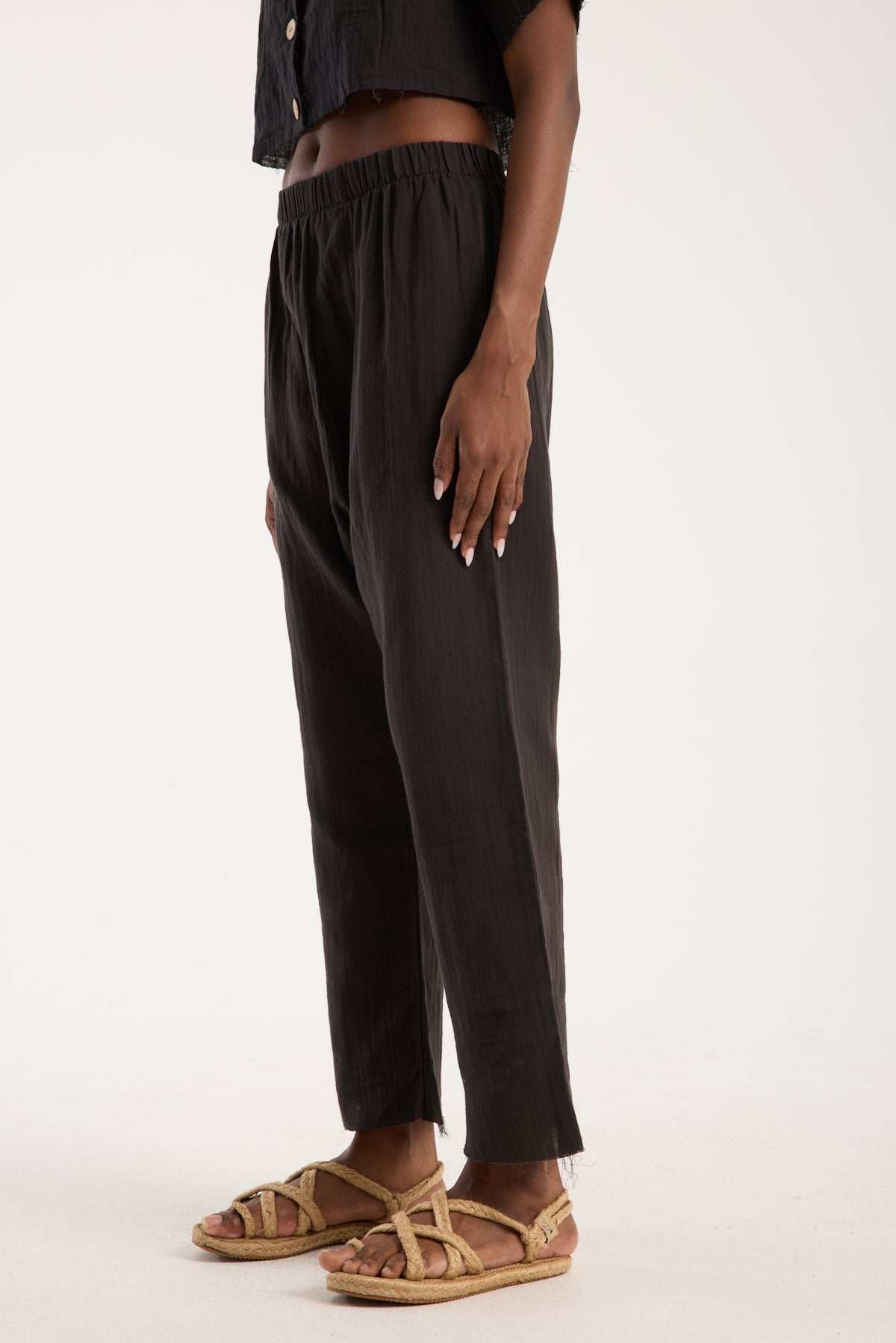 Cotton Muslin Relaxed Trousers - Black