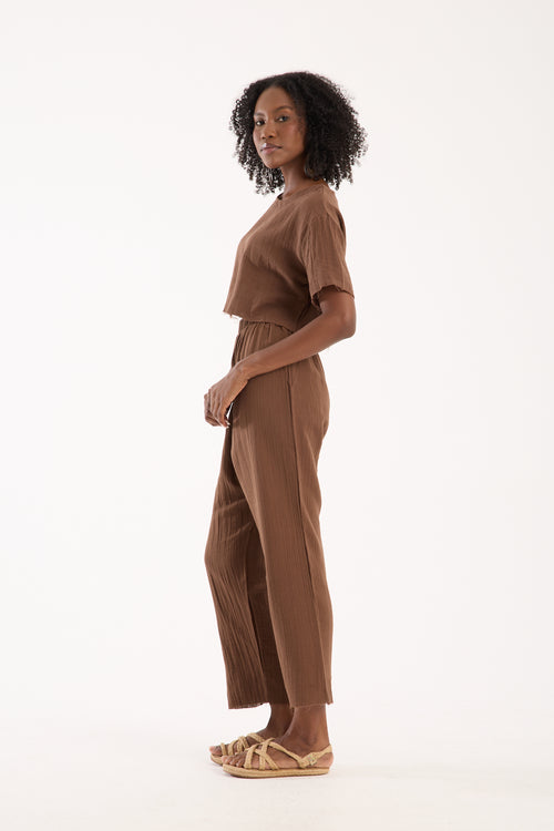 Cotton Muslin Relaxed Trousers - Brown