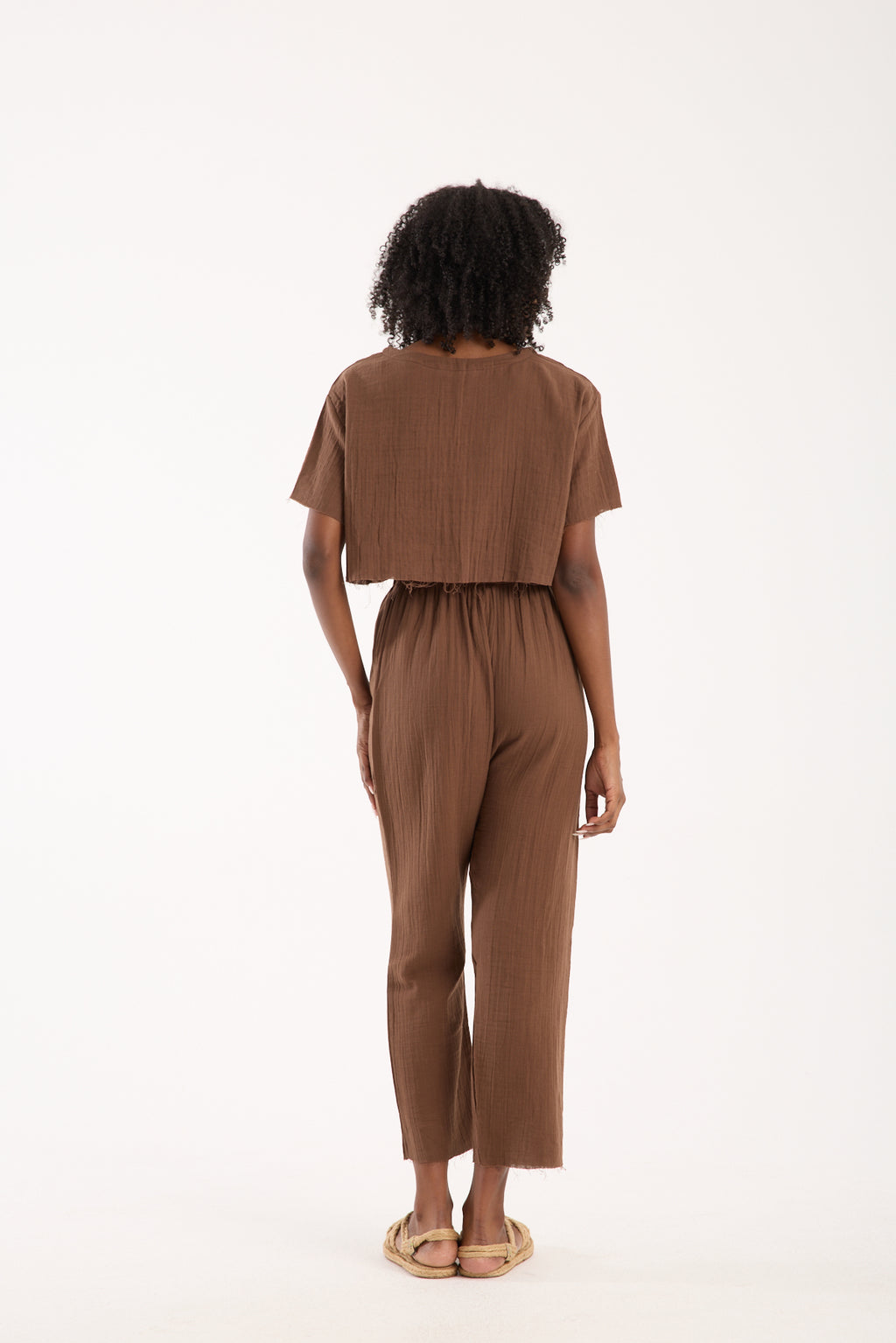 Cotton Muslin Relaxed Trousers - Brown