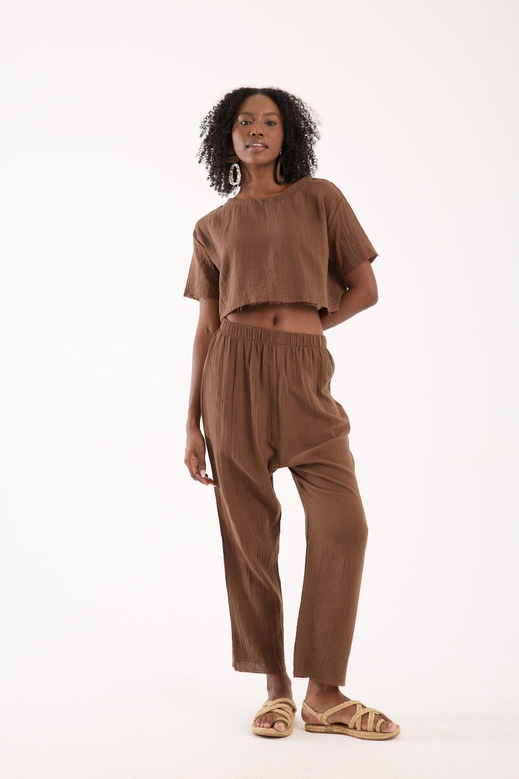 Cotton Muslin Relaxed Trousers - Brown