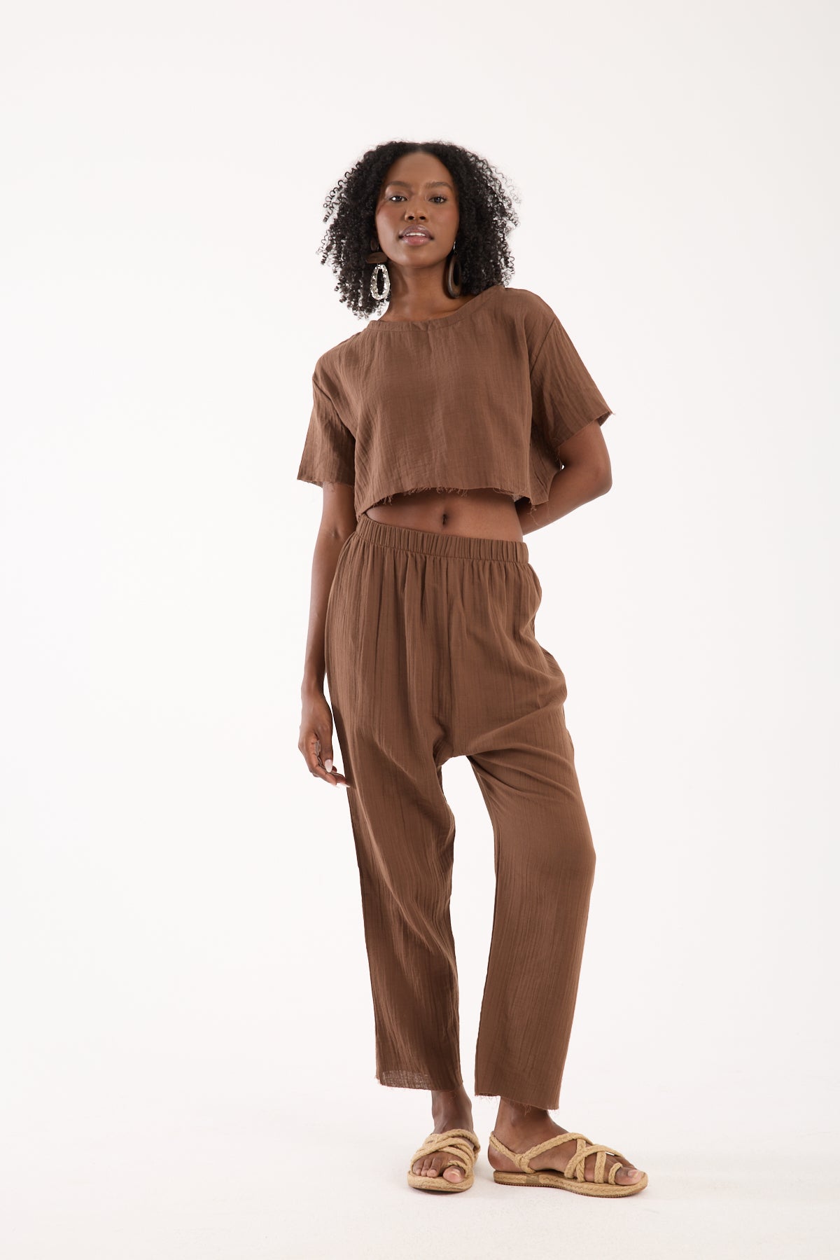 Cotton Muslin Relaxed Trousers - Brown