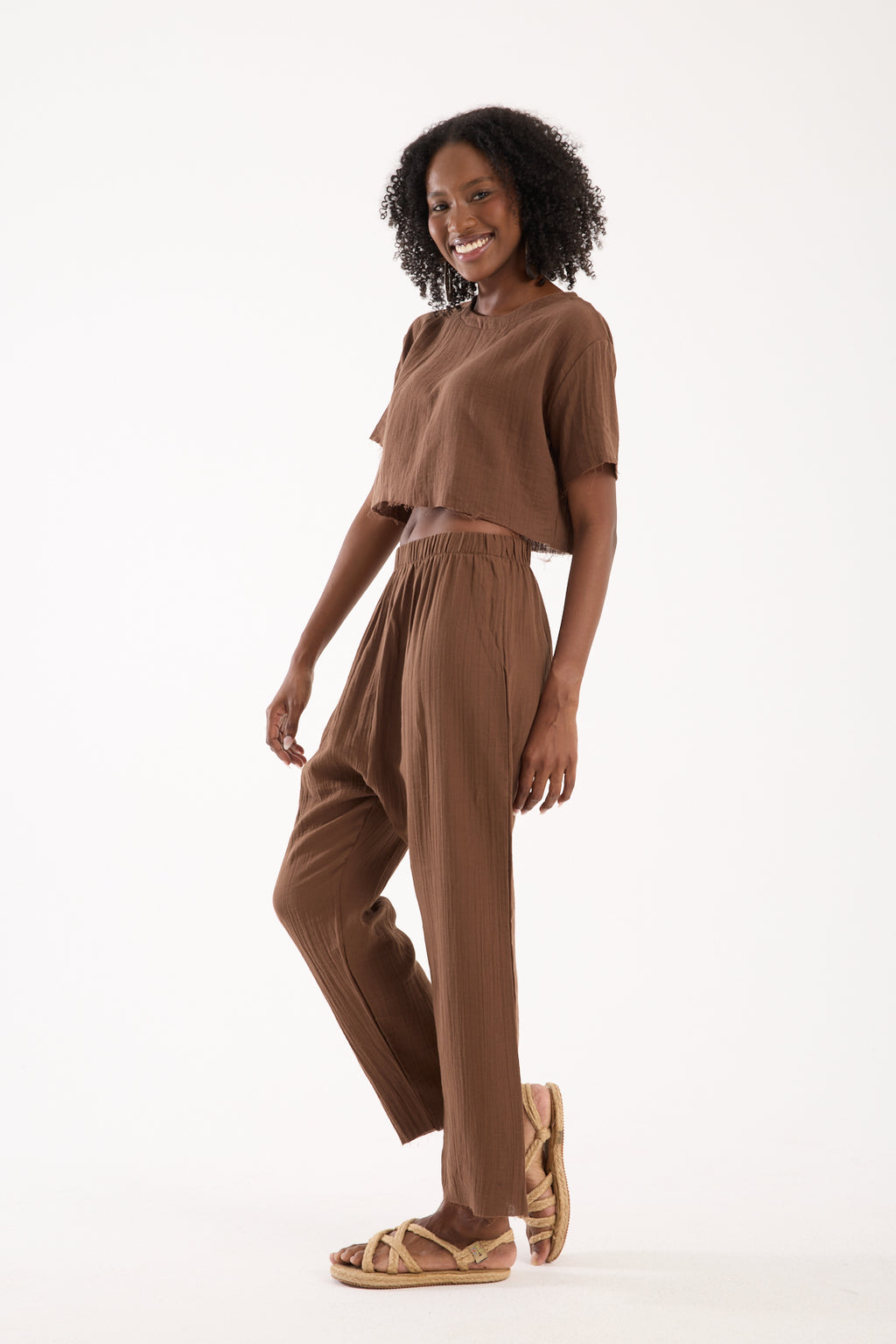 Cotton Muslin Relaxed Trousers - Brown